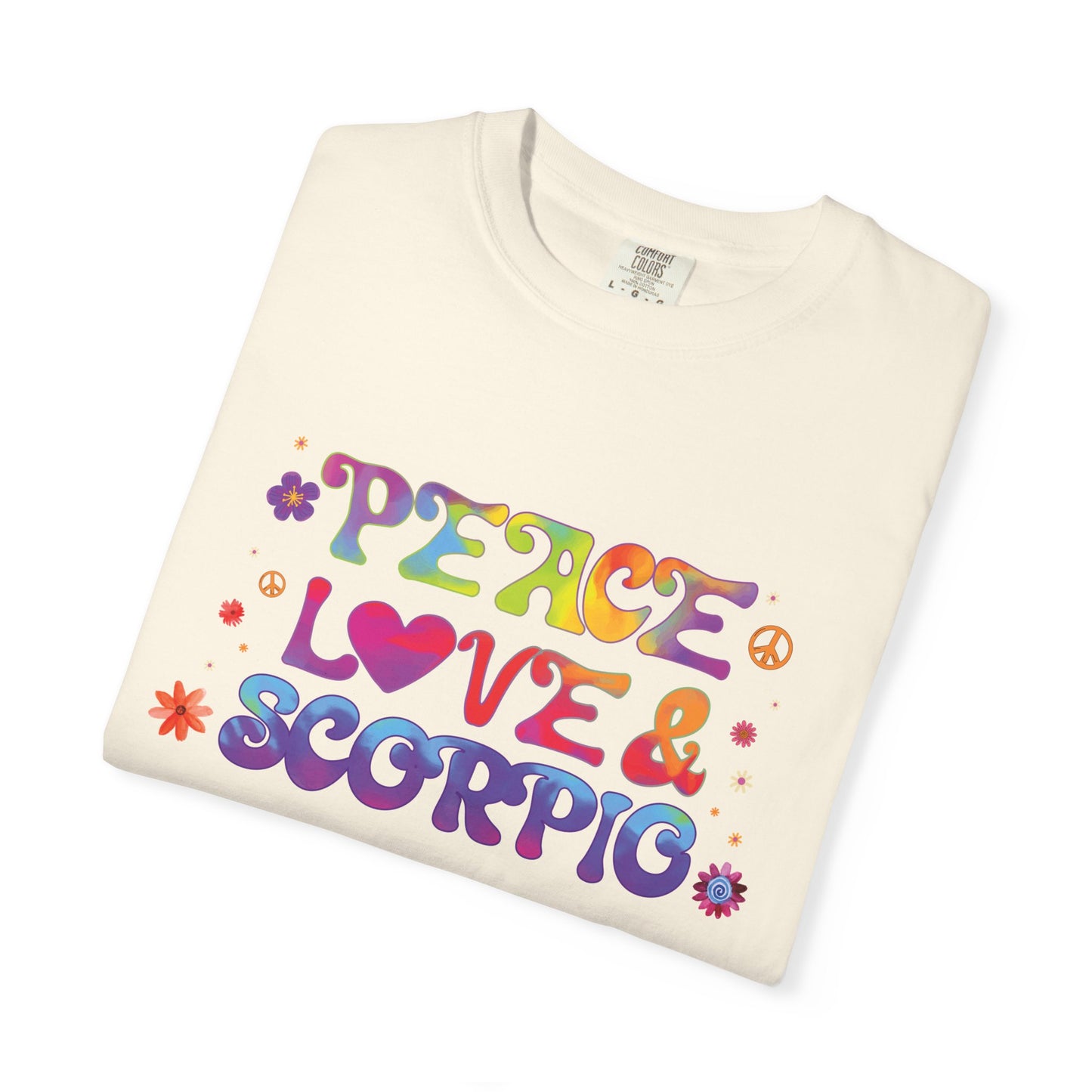 Peace Love & Scorpio Tee β Colorful Retro Zodiac Shirt