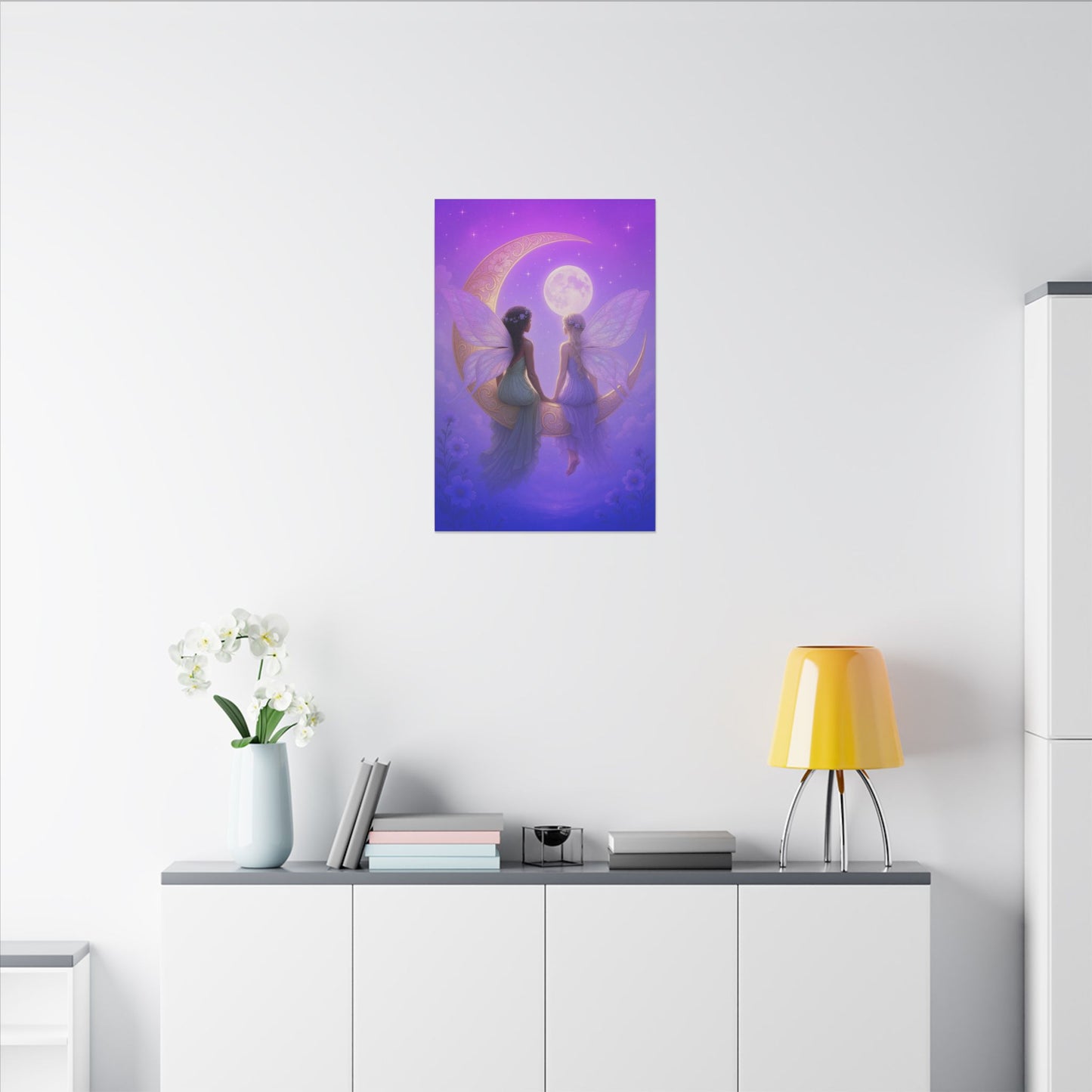 Fairy Friends on the Moon – Enchanted Purple Dream Wall Art