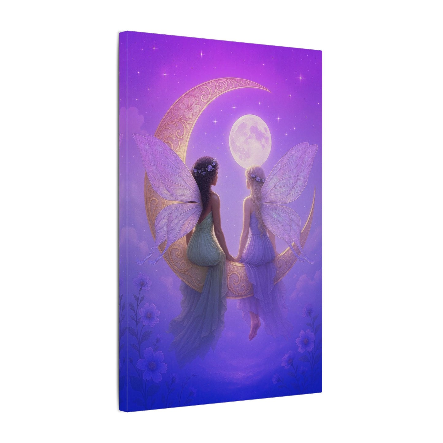 Fairy Friends on the Moon – Enchanted Purple Dream Wall Art