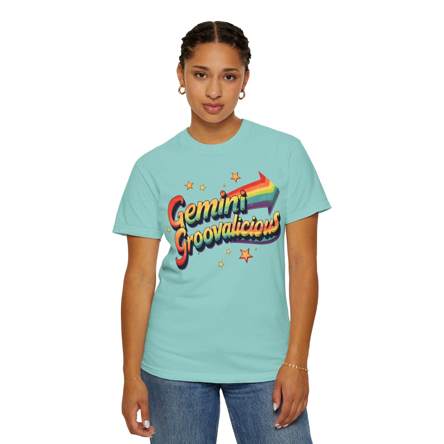 Gemini Groovalicious - Retro Rainbow Arrow Zodiac Tee
