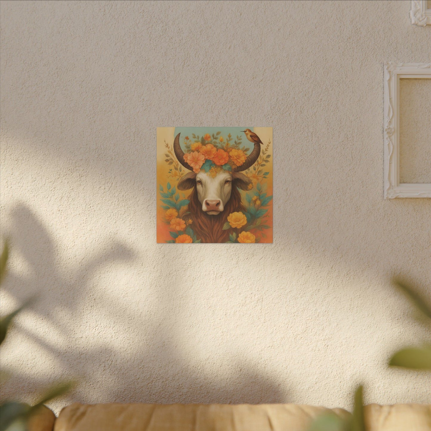 Bull with Bird – Floral Serenity Wall Art (Taurus Inspired), Square