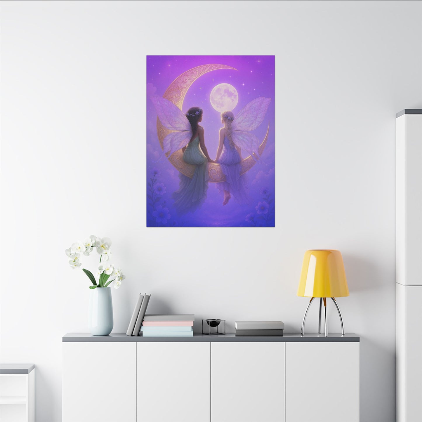 Fairy Friends on the Moon – Enchanted Purple Dream Wall Art