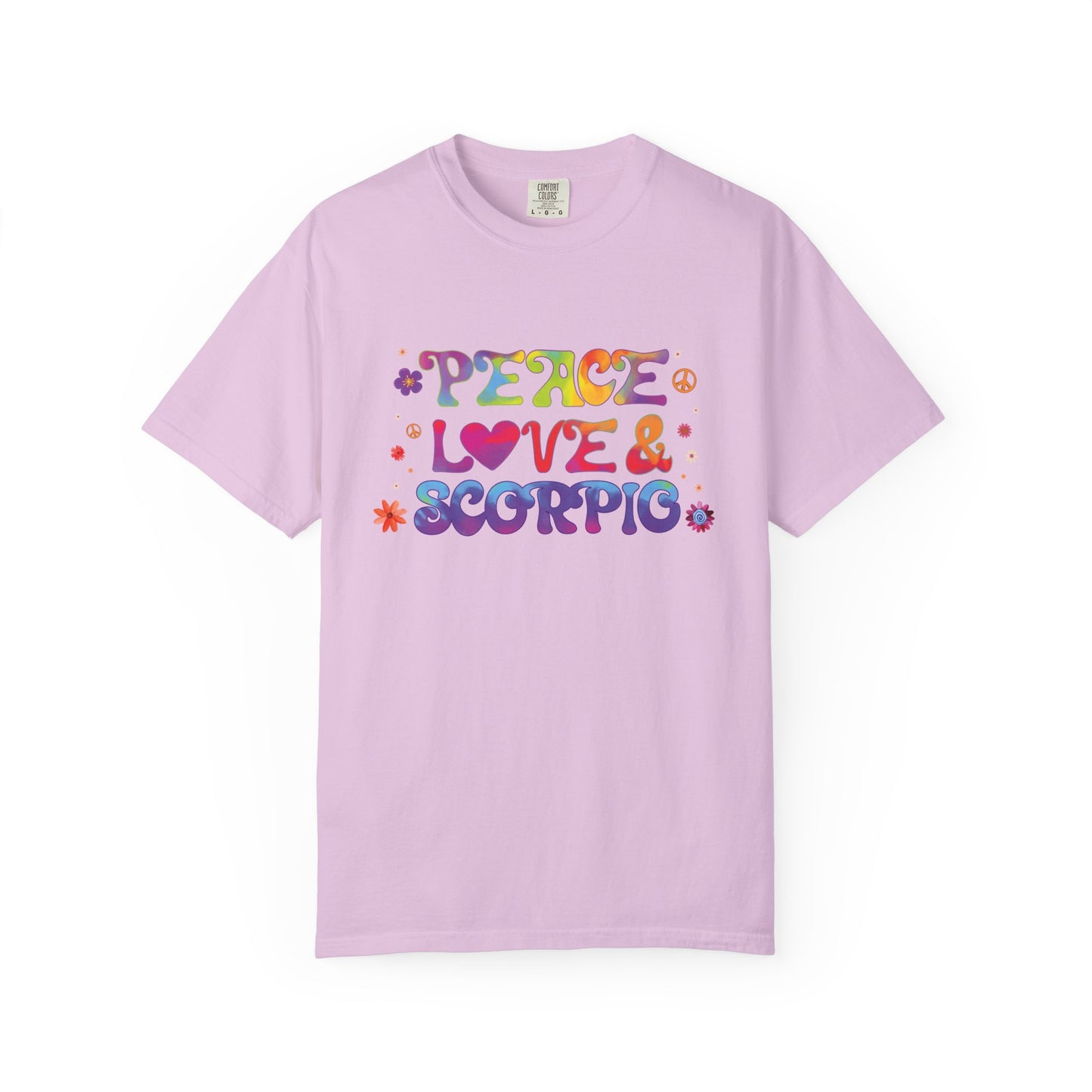 Peace Love & Scorpio Tee – Colorful Retro Zodiac Shirt