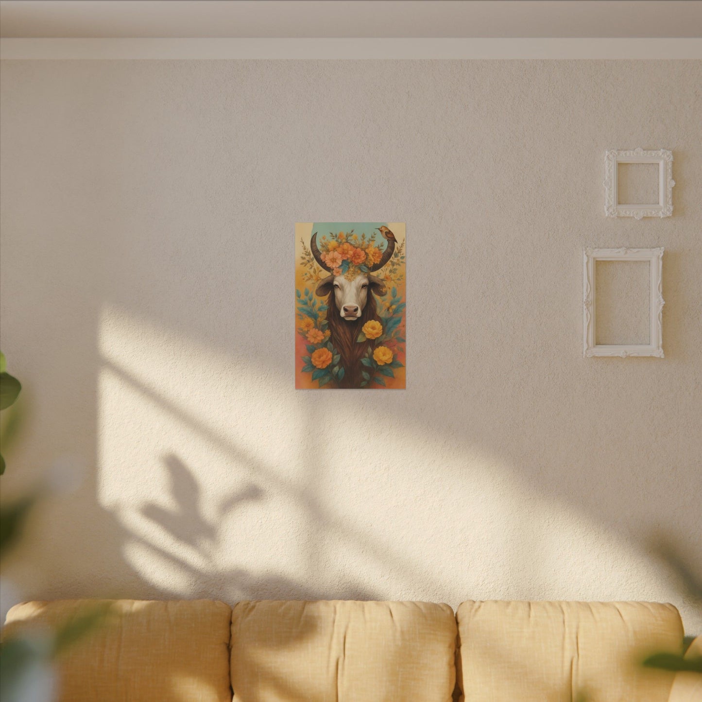 Bull with Bird – Floral Serenity Wall Art (Taurus Inspired)