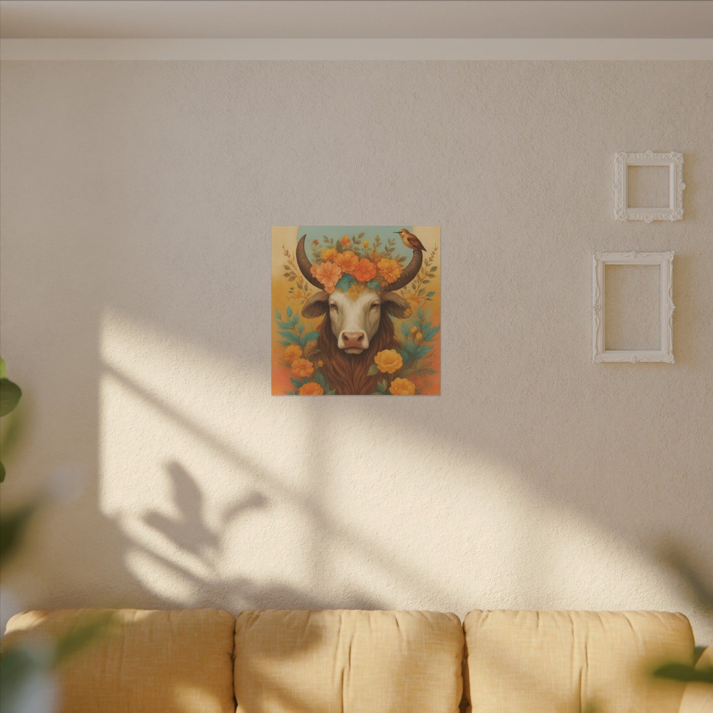 Bull with Bird – Floral Serenity Wall Art (Taurus Inspired), Square