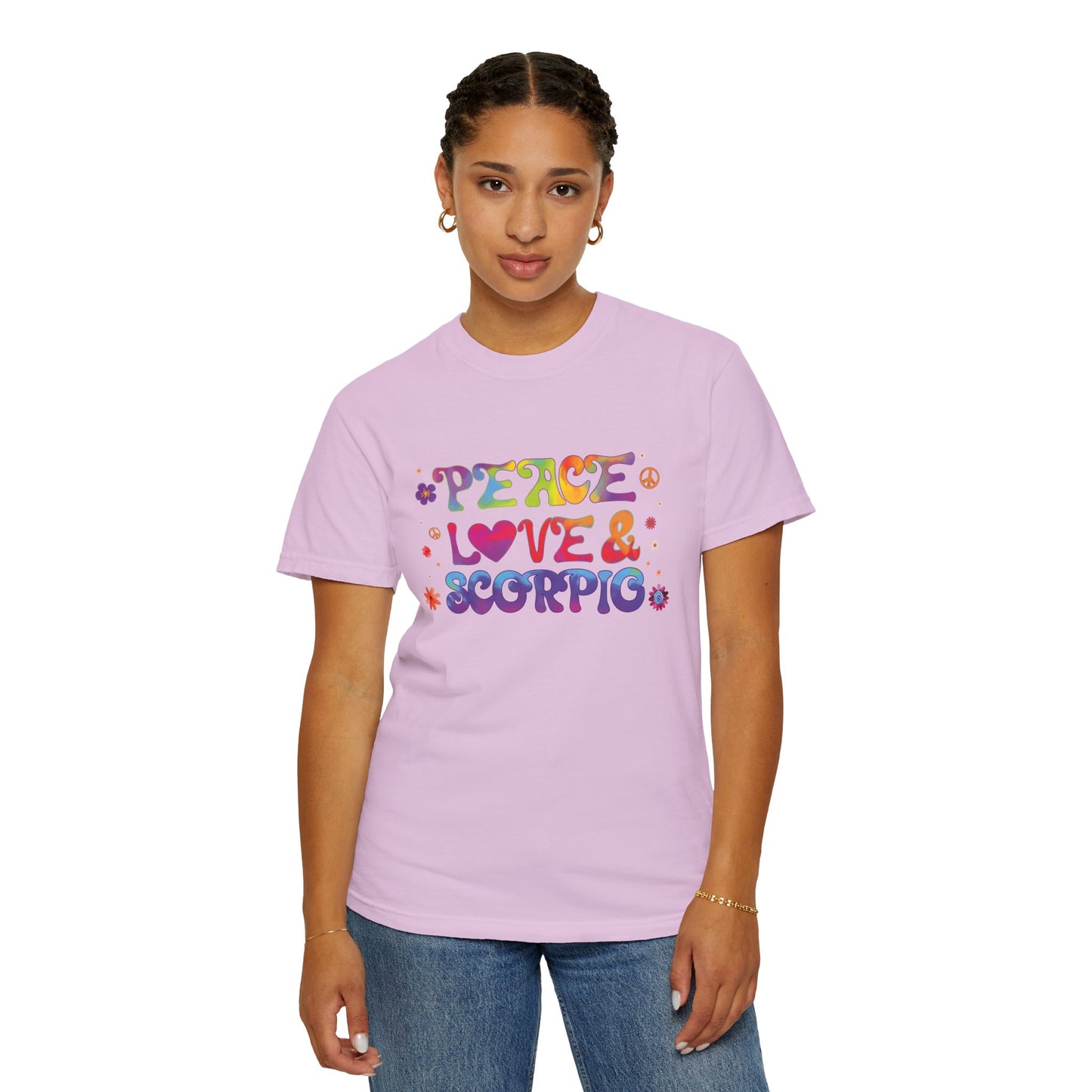 Peace Love & Scorpio Tee – Colorful Retro Zodiac Shirt
