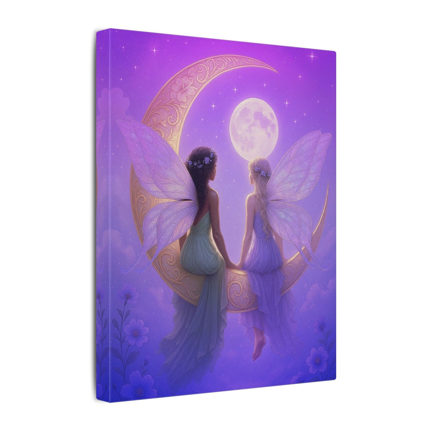 Fairy Friends on the Moon – Enchanted Purple Dream Wall Art