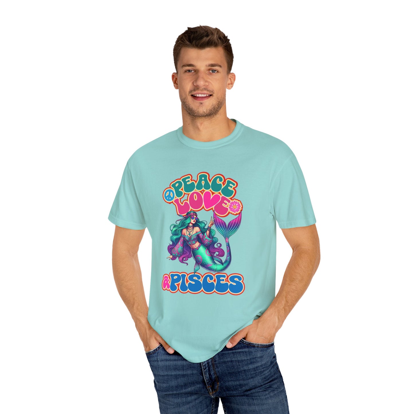Peace Love & Pisces – Groovy Mermaid Retro Zodiac Tee