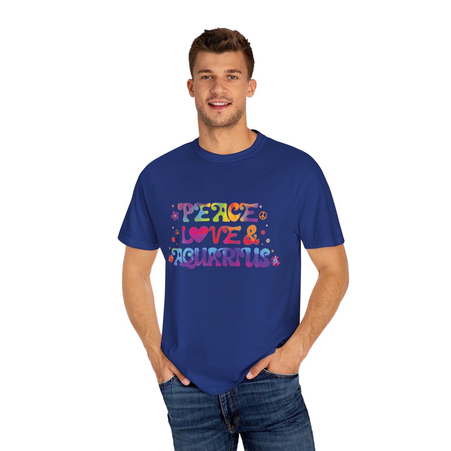 Peace Love & Aquarius Tee – Groovy Multicolor Zodiac Shirt