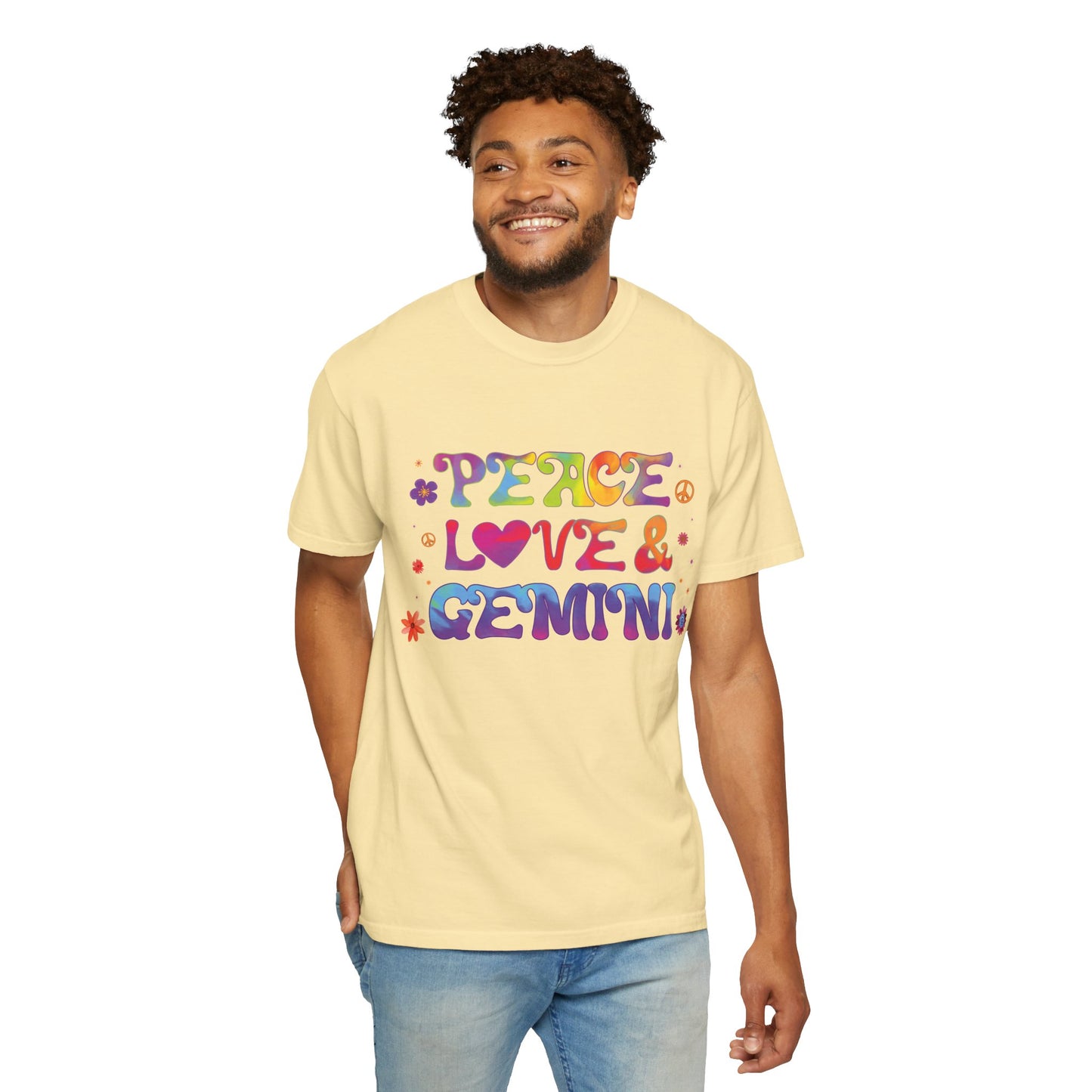 Peace Love & Gemini – Retro Groovy Zodiac Tee