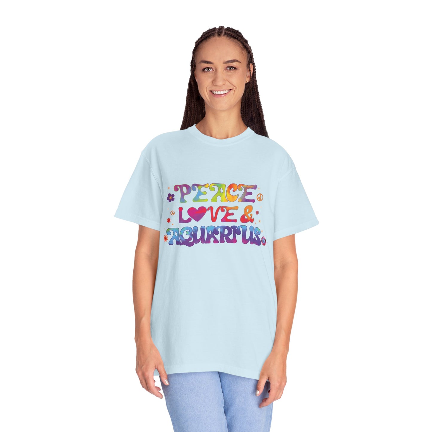 Peace Love & Aquarius Tee – Groovy Multicolor Zodiac Shirt