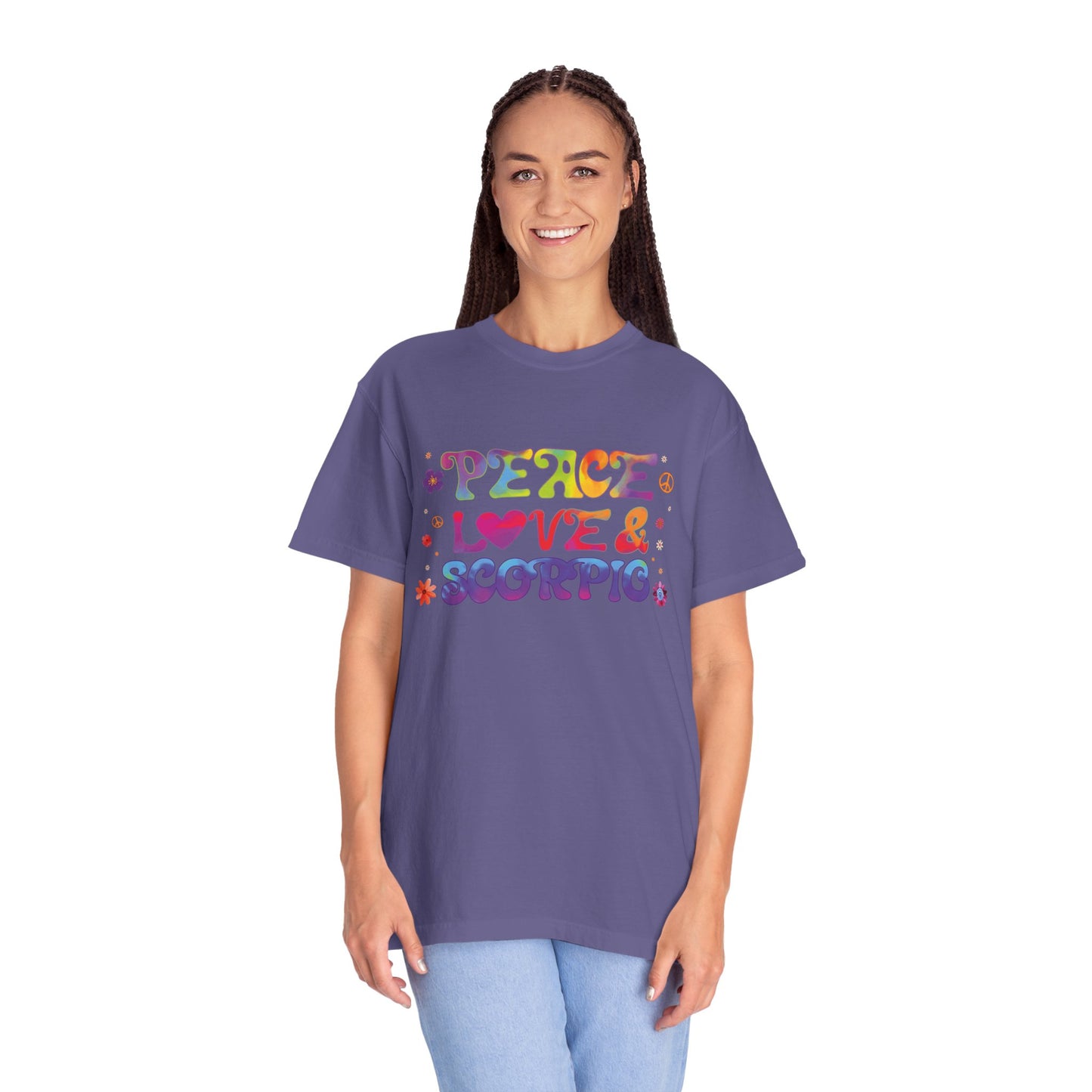 Peace Love & Scorpio Tee β Colorful Retro Zodiac Shirt
