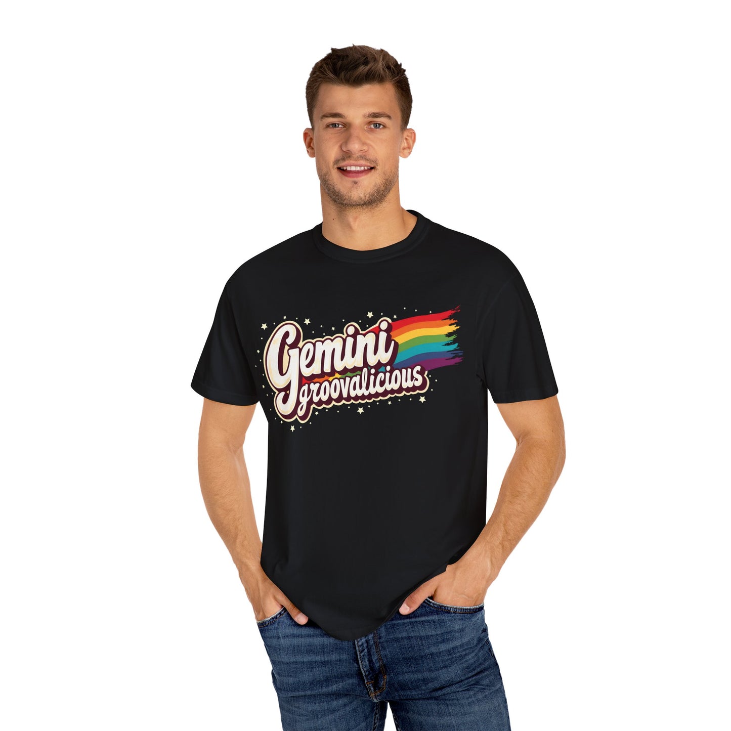 Gemini Groovalicious - Retro Rainbow Script Zodiac Tee