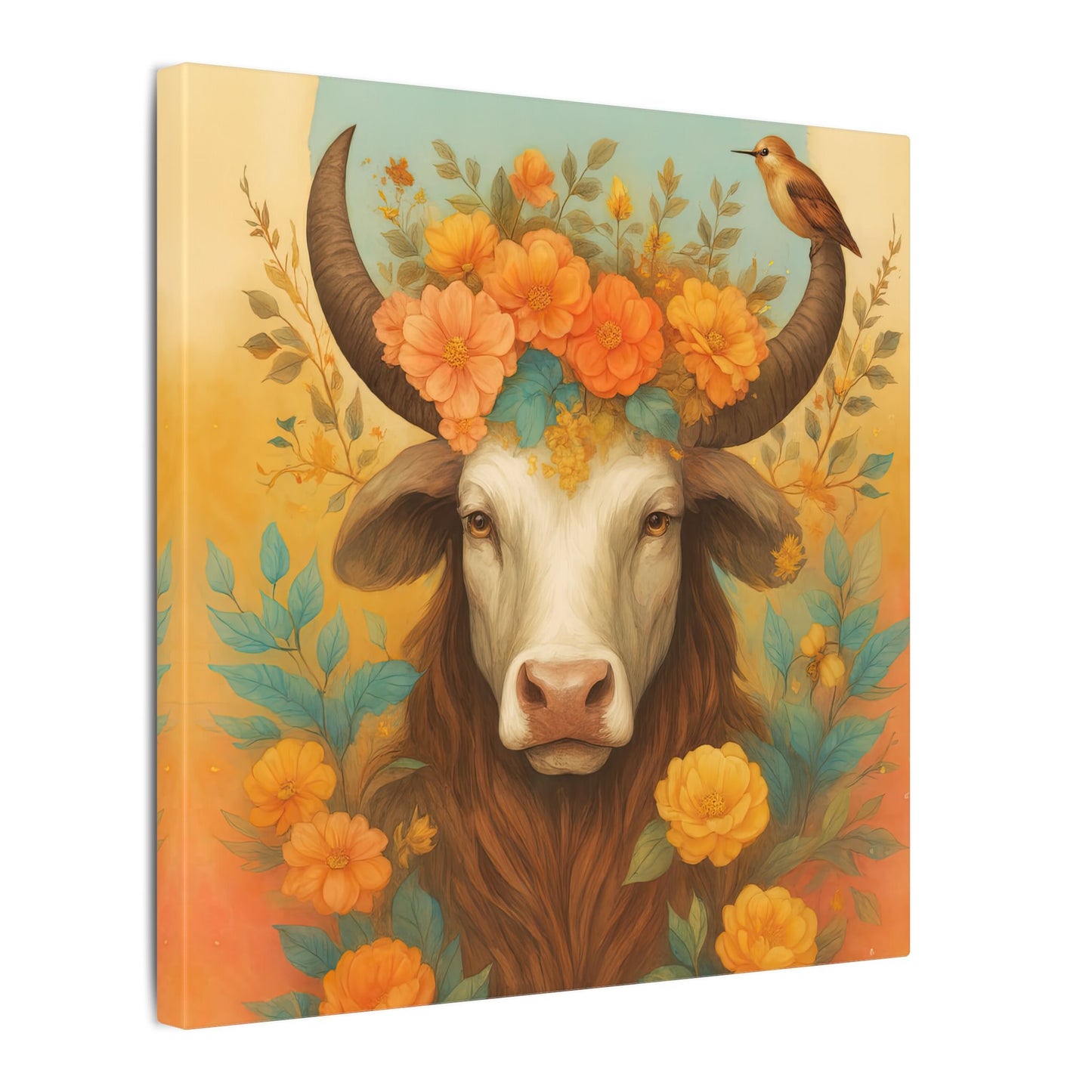 Bull with Bird – Floral Serenity Wall Art (Taurus Inspired), Square