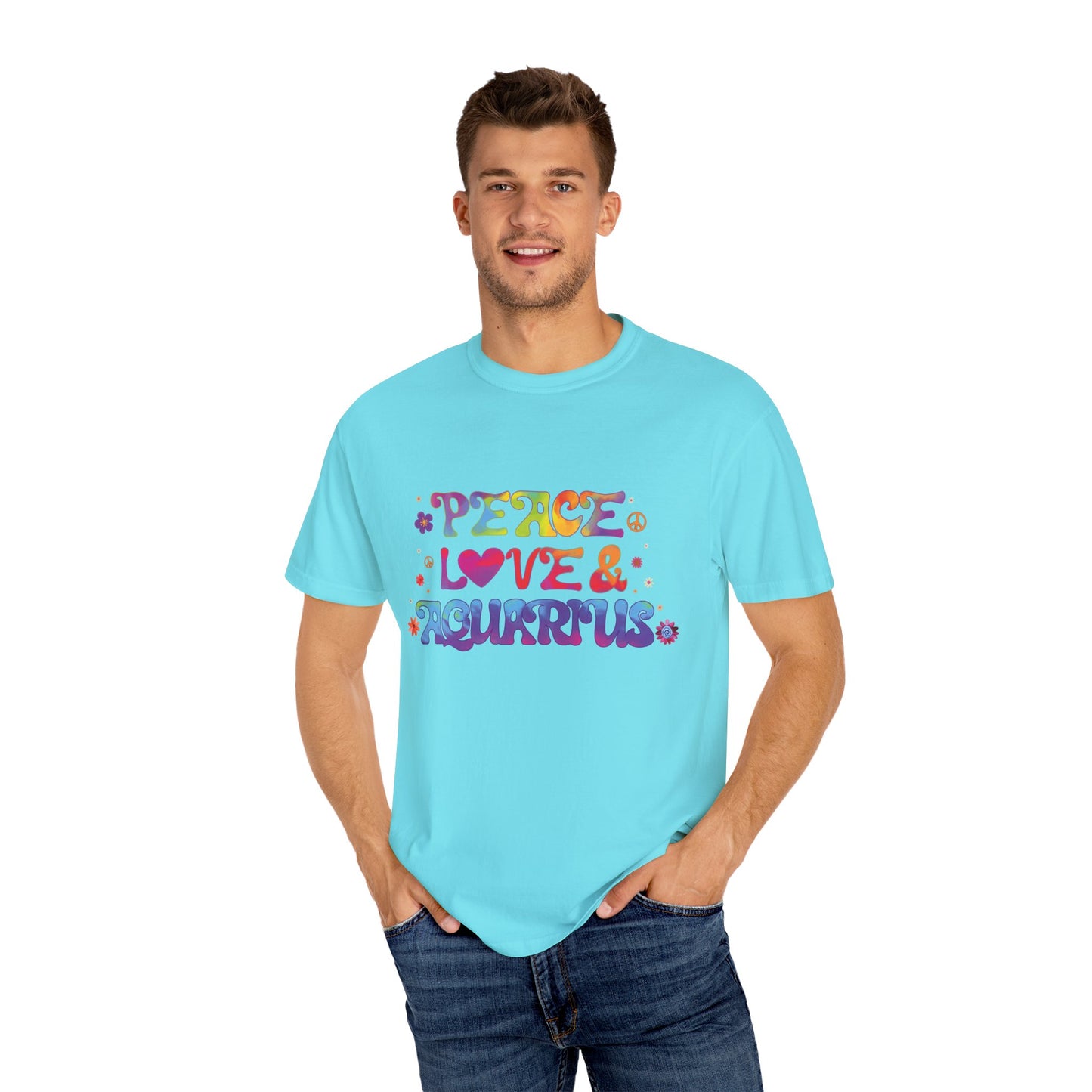 Peace Love & Aquarius Tee – Groovy Multicolor Zodiac Shirt