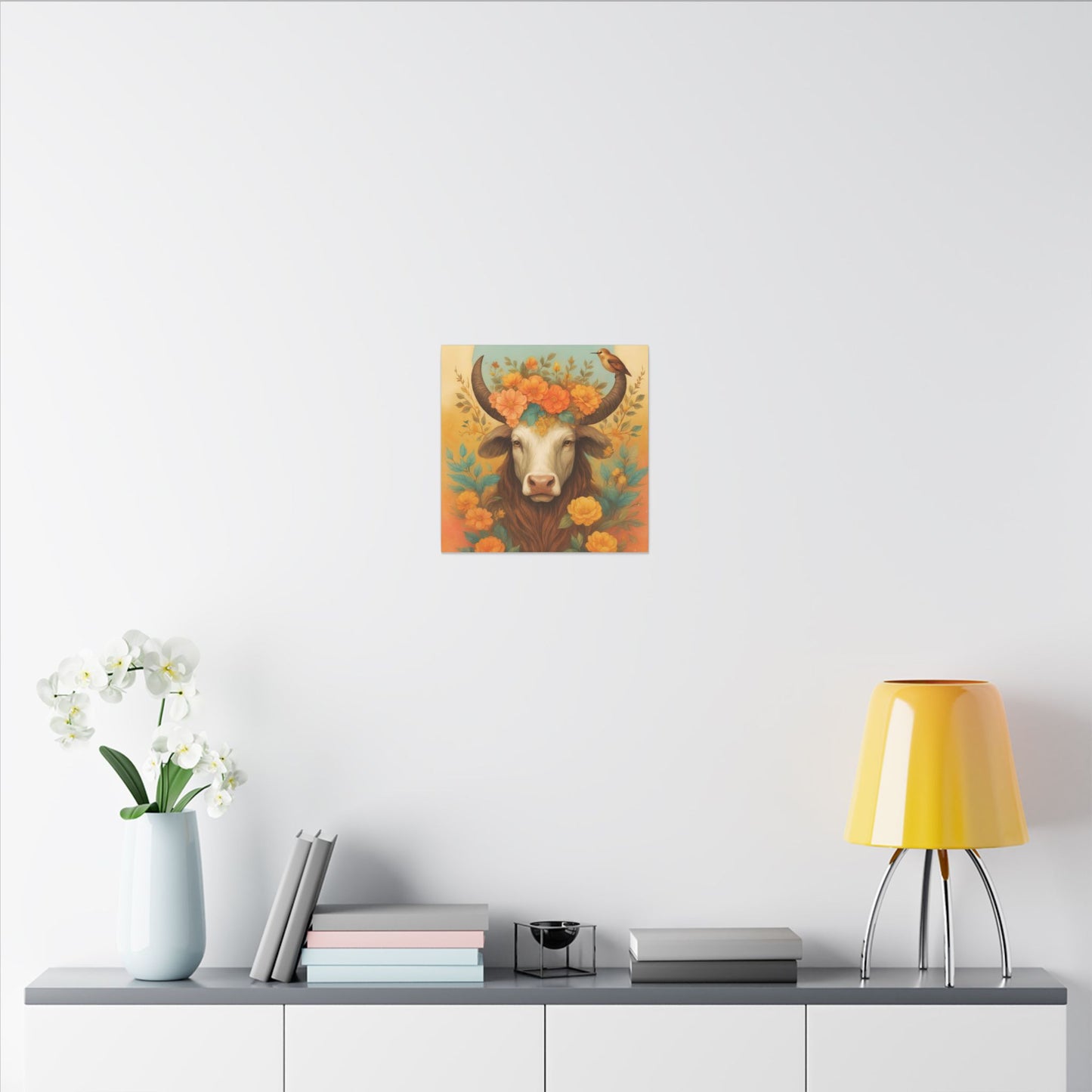 Bull with Bird – Floral Serenity Wall Art (Taurus Inspired), Square