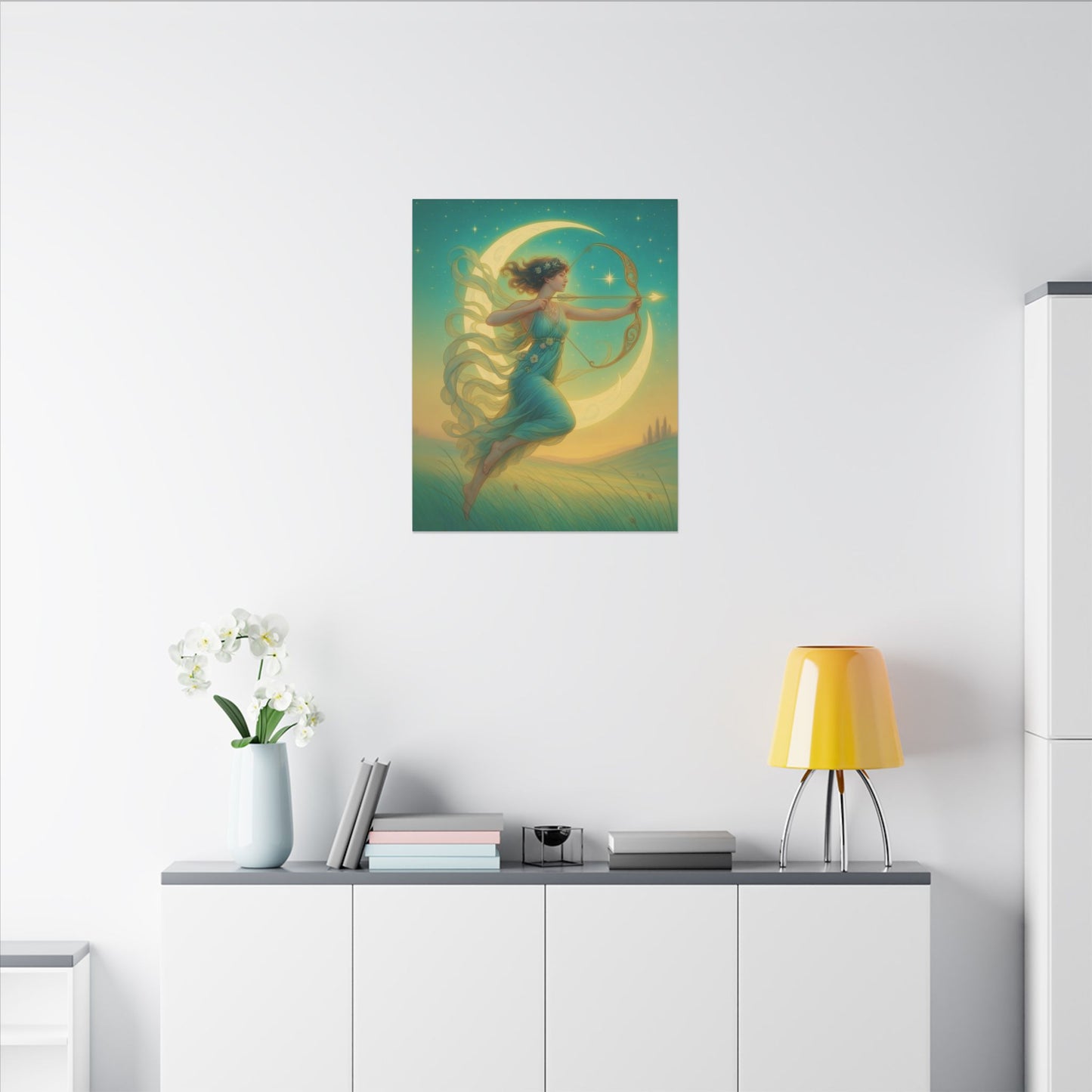 Artemis of the Stars – Celestial Moon Goddess Art Nouveau Canvas Wall Art
