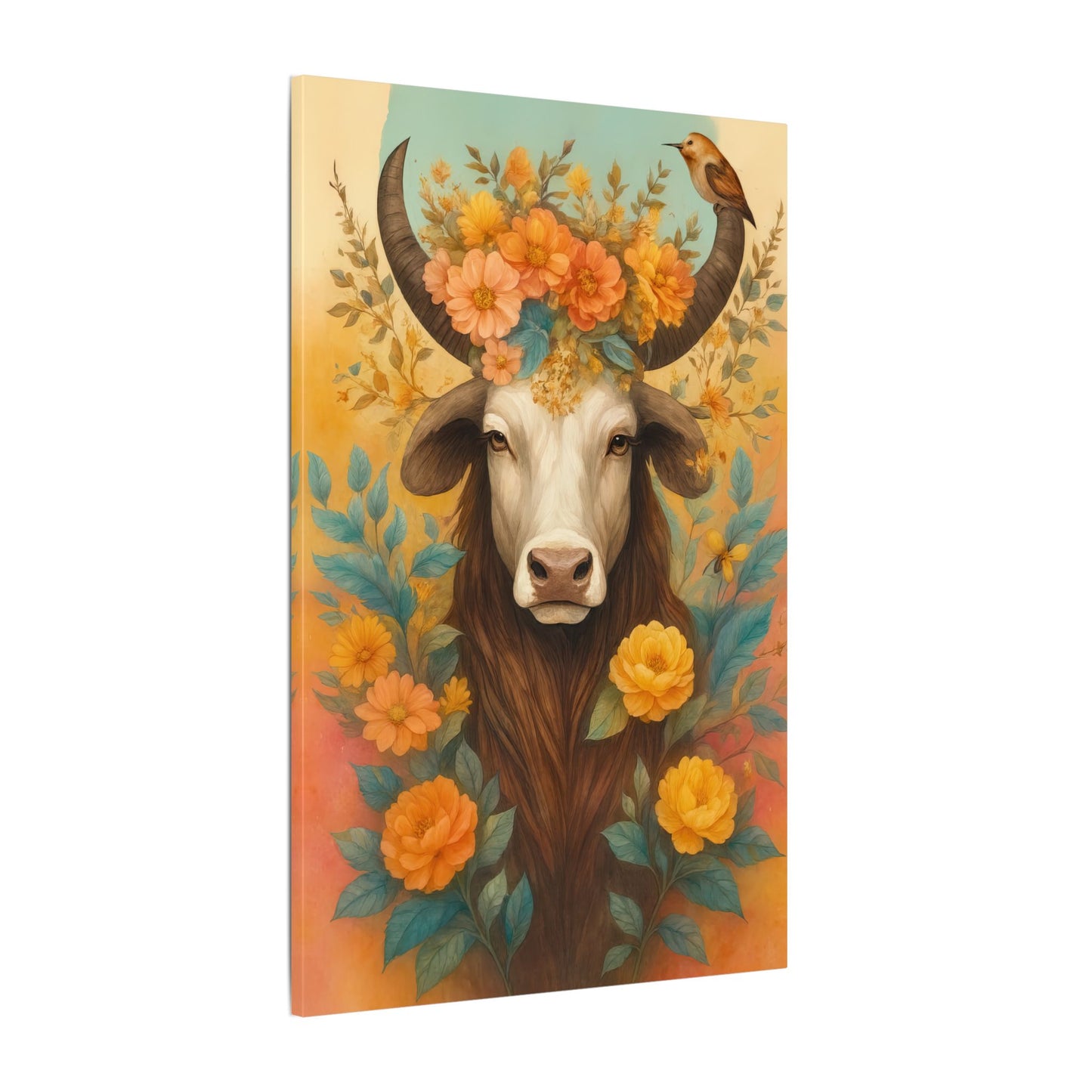 Bull with Bird – Floral Serenity Wall Art (Taurus Inspired)