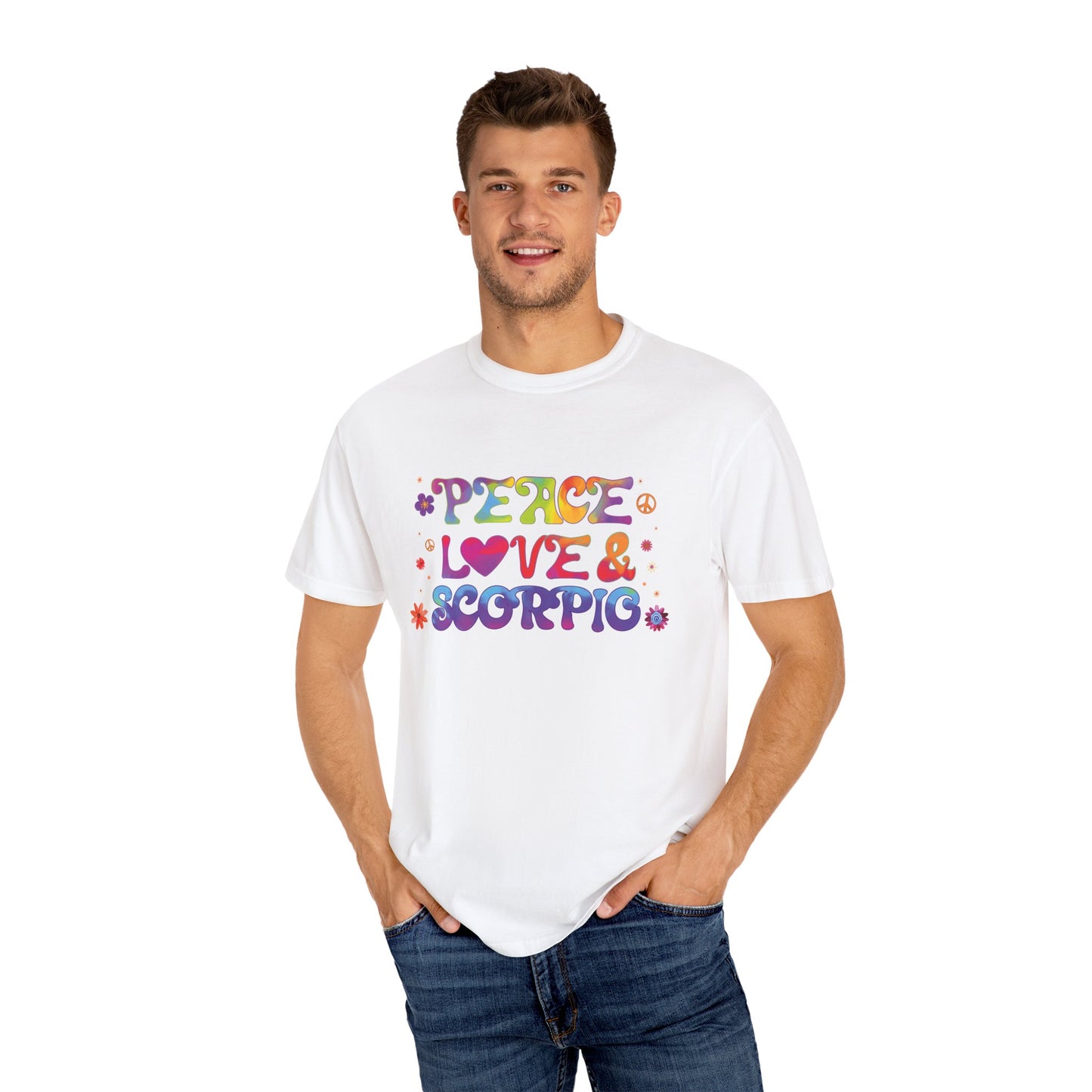 Peace Love & Scorpio Tee β Colorful Retro Zodiac Shirt