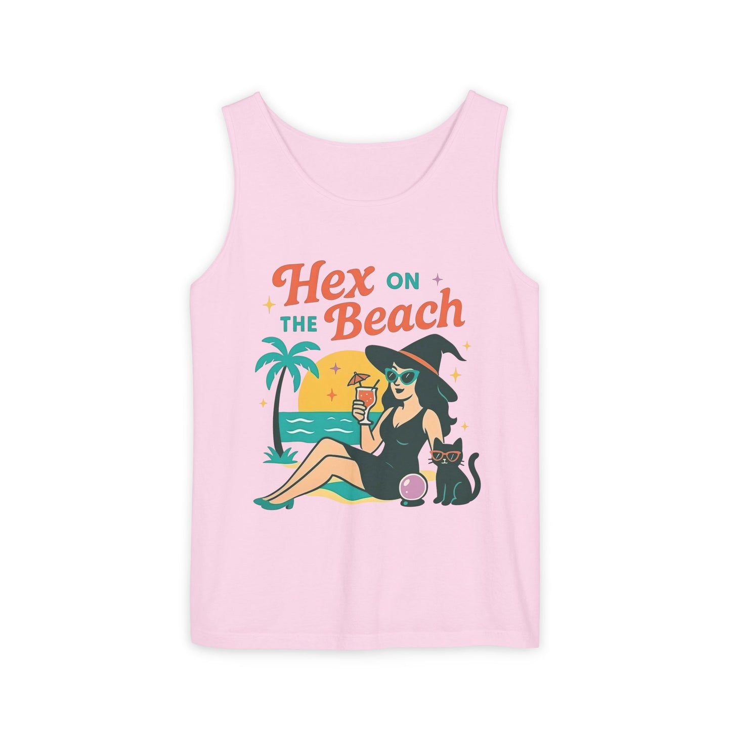 Hex on the Beach โ Sunset Witch Tank with Cat & Cocktail (Unisex)