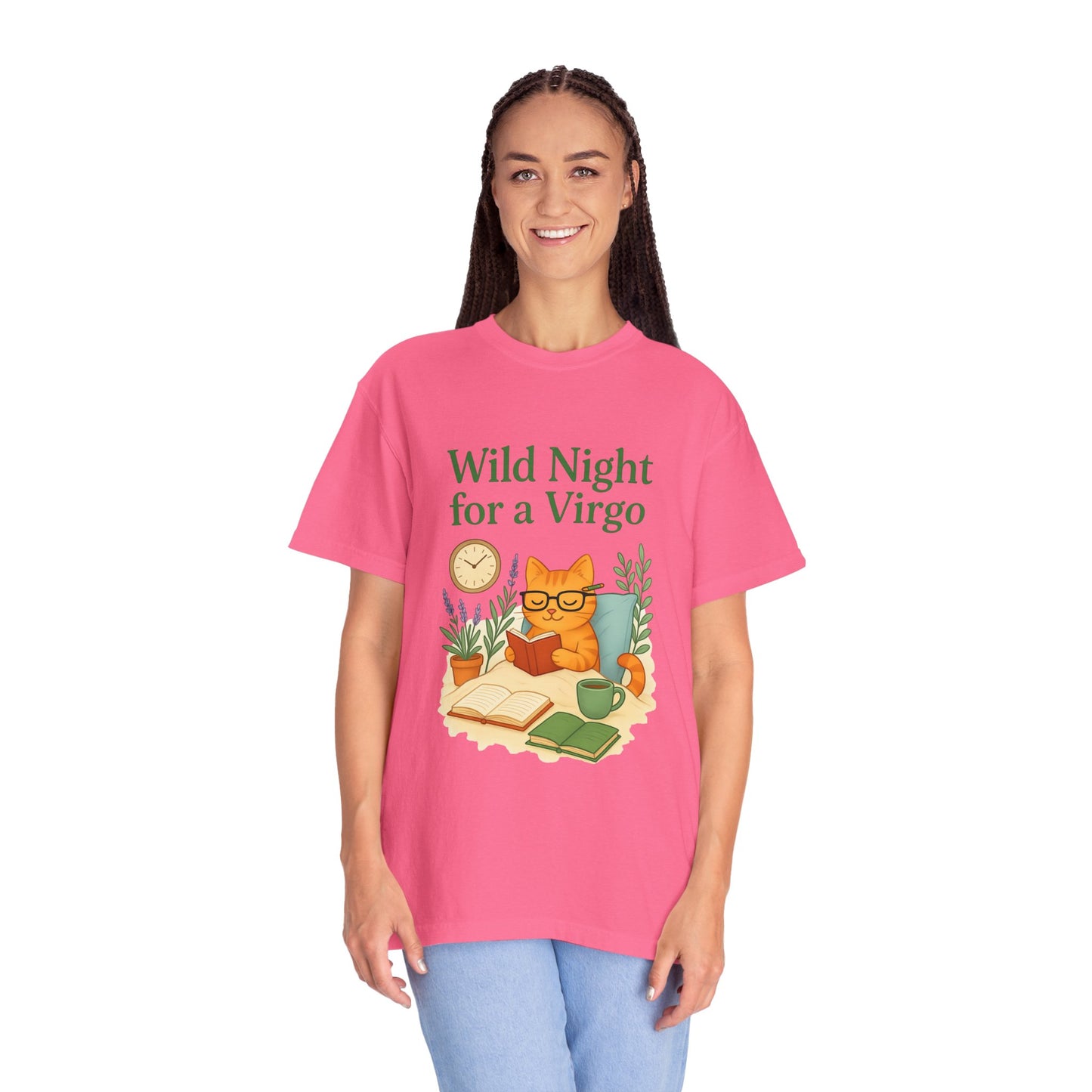 Wild Night for a Virgo – Cozy Cat Tee for Bookish Earth Signs