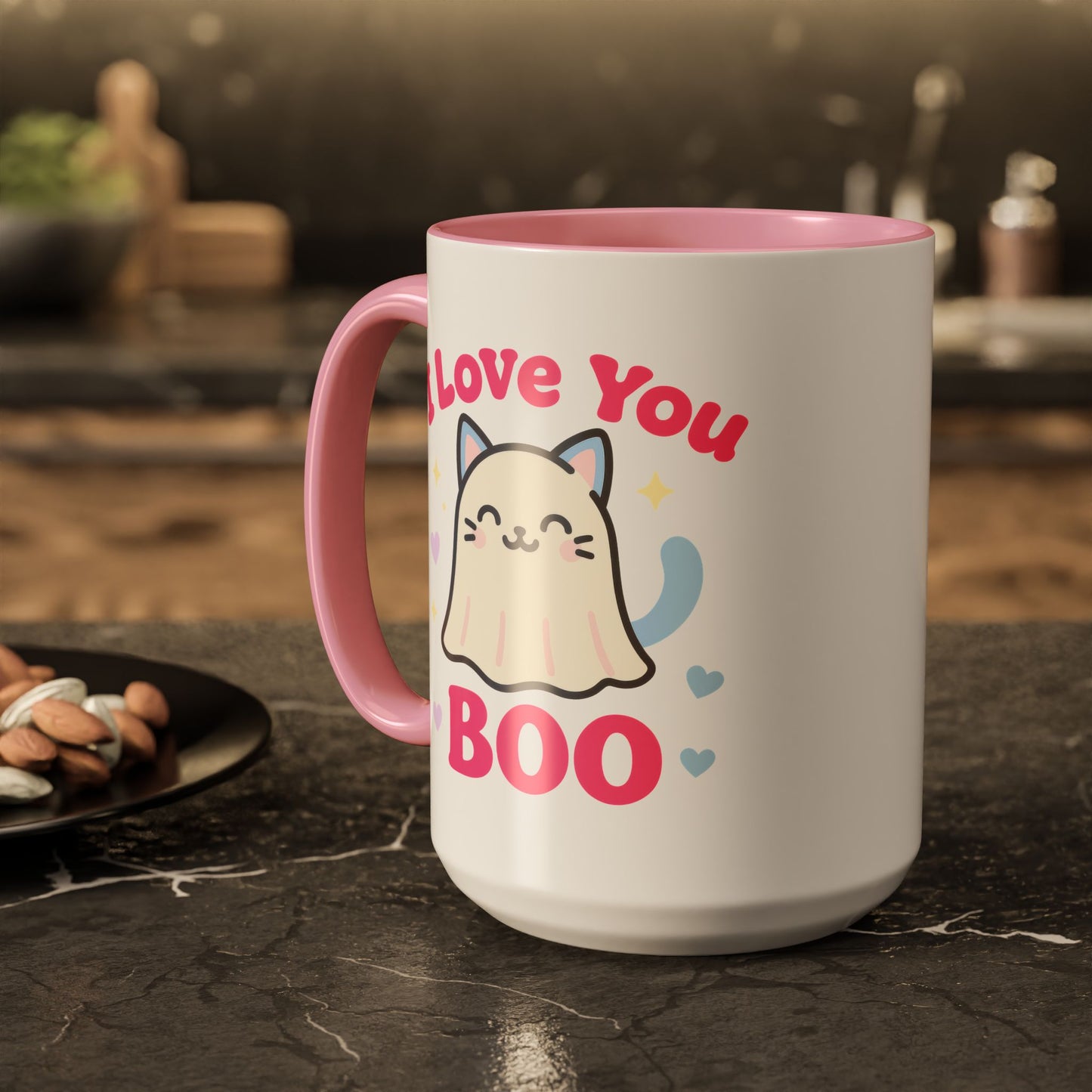 Cute Cat Ghost Mug – Adorable Kitty “I Love You Boo” Mug (Pink Accent (11oz & 15oz)