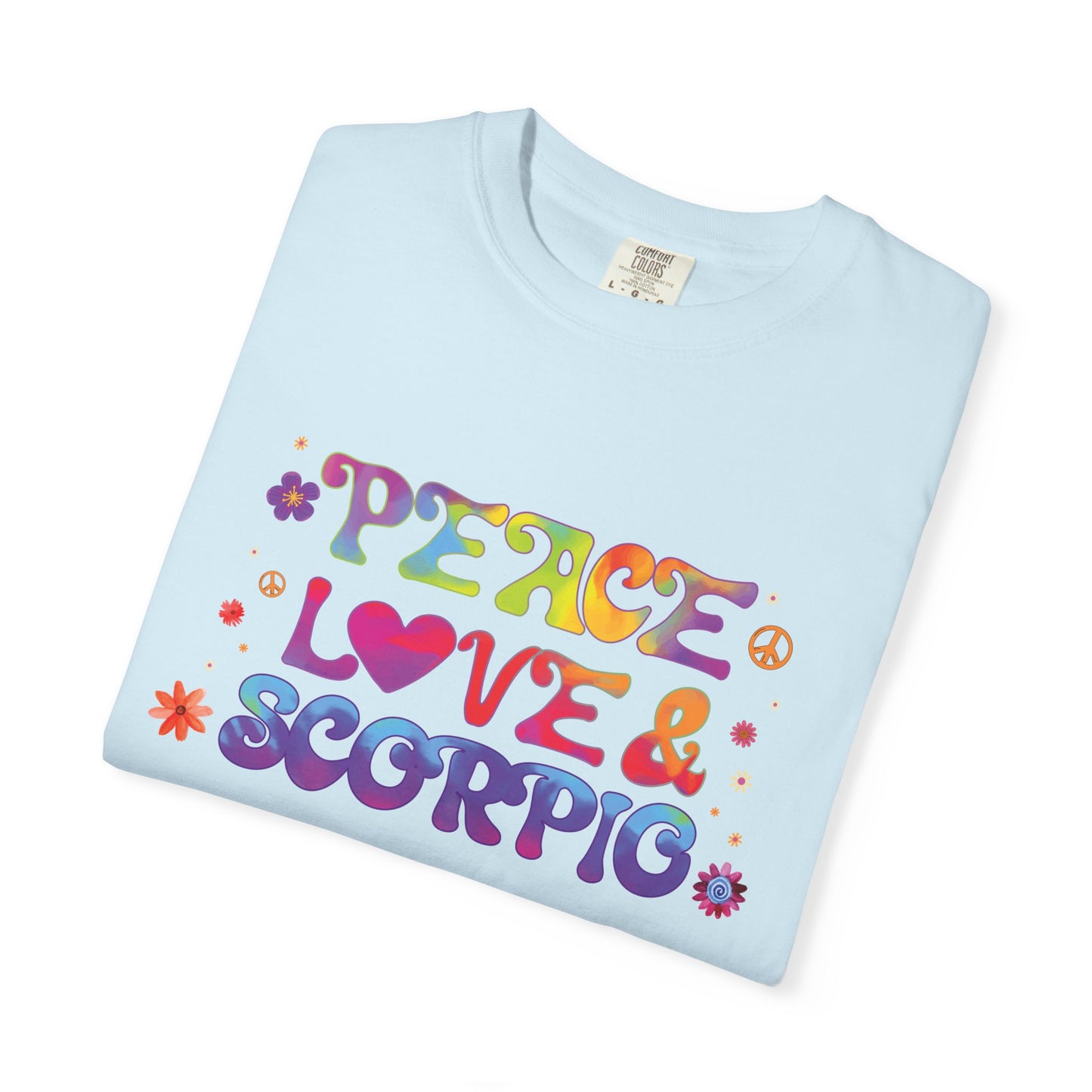 Peace Love & Scorpio Tee β Colorful Retro Zodiac Shirt