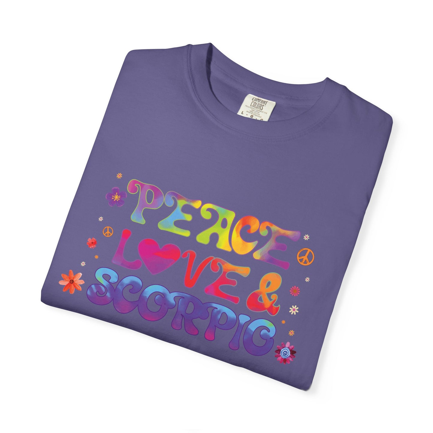 Peace Love & Scorpio Tee β Colorful Retro Zodiac Shirt
