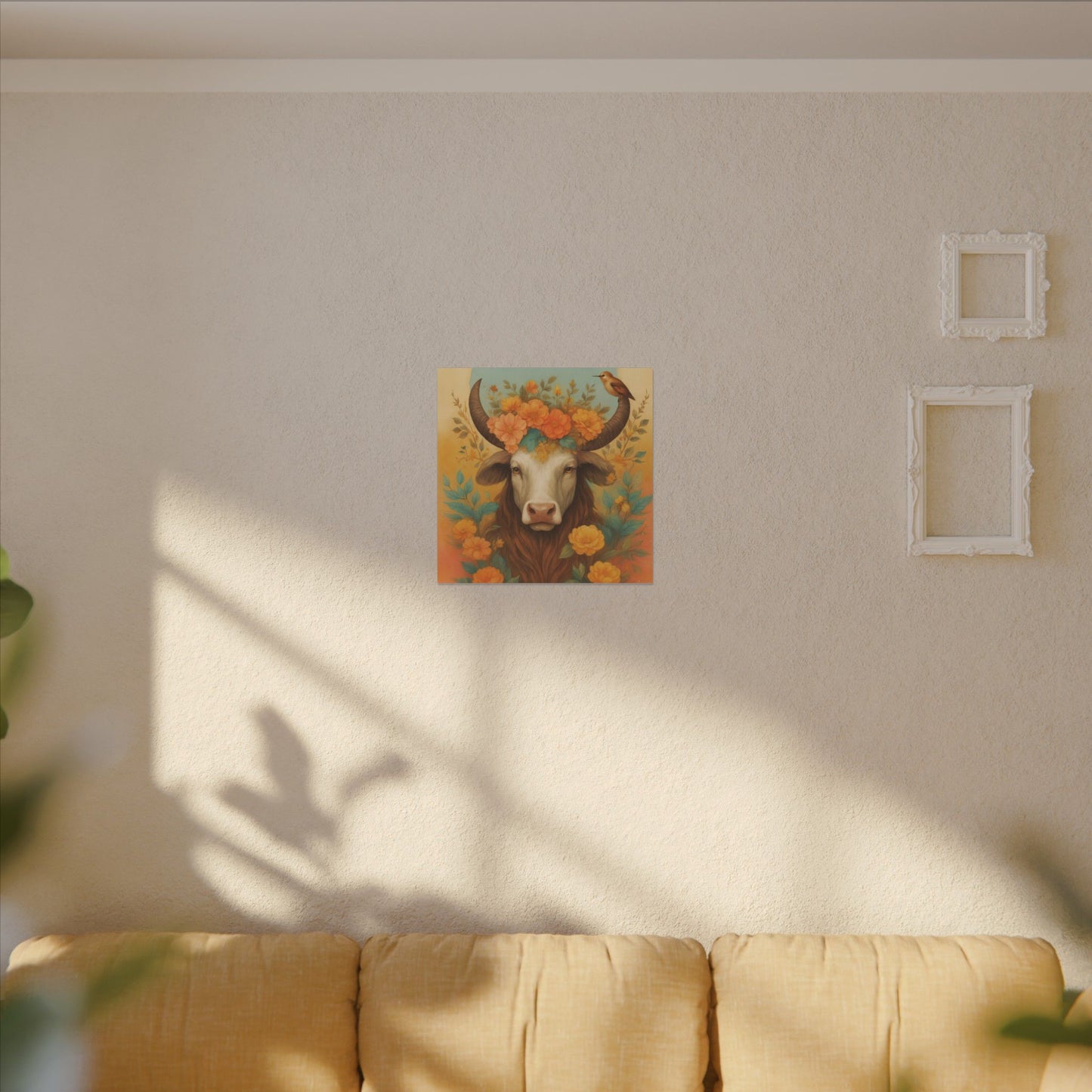 Bull with Bird – Floral Serenity Wall Art (Taurus Inspired), Square