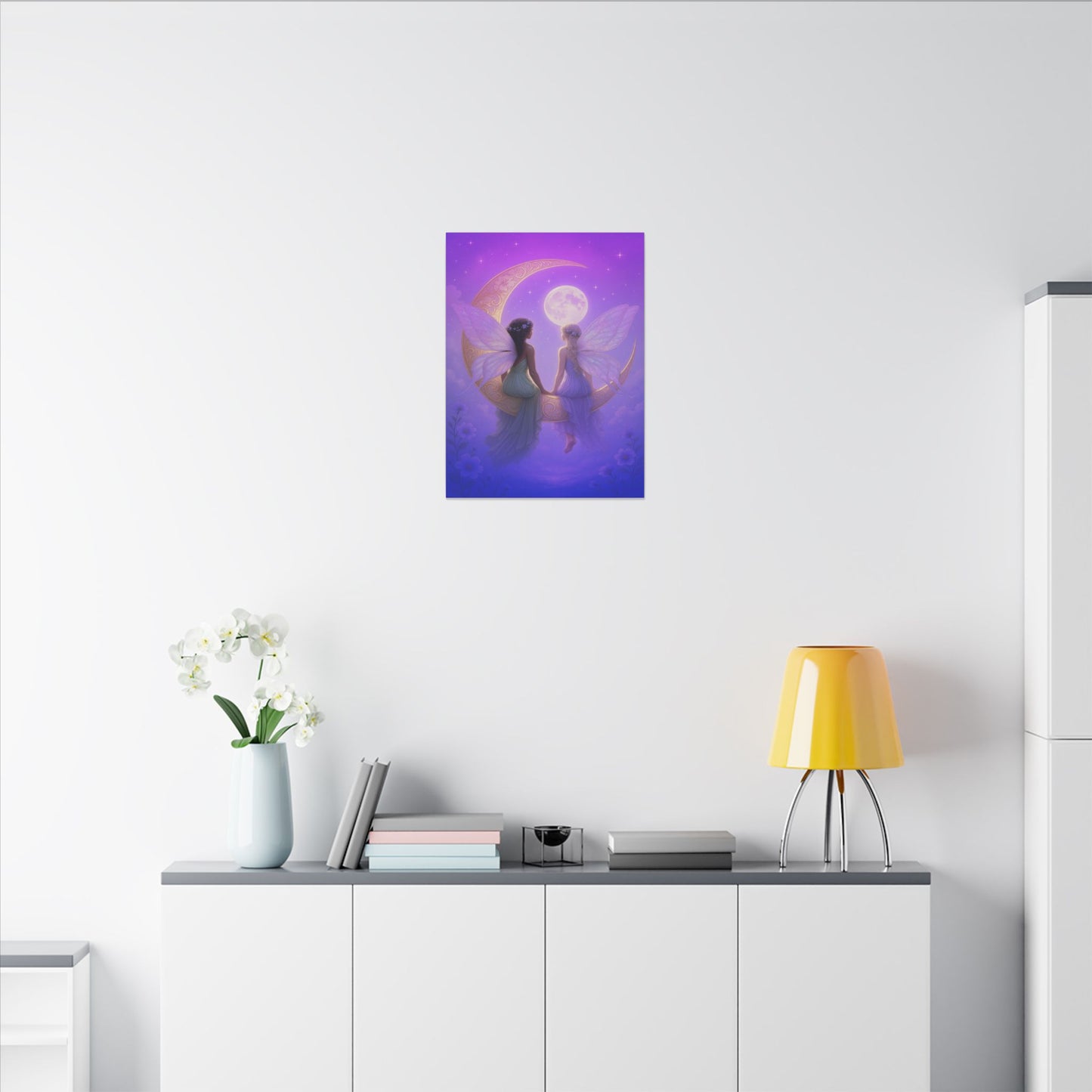 Fairy Friends on the Moon – Enchanted Purple Dream Wall Art