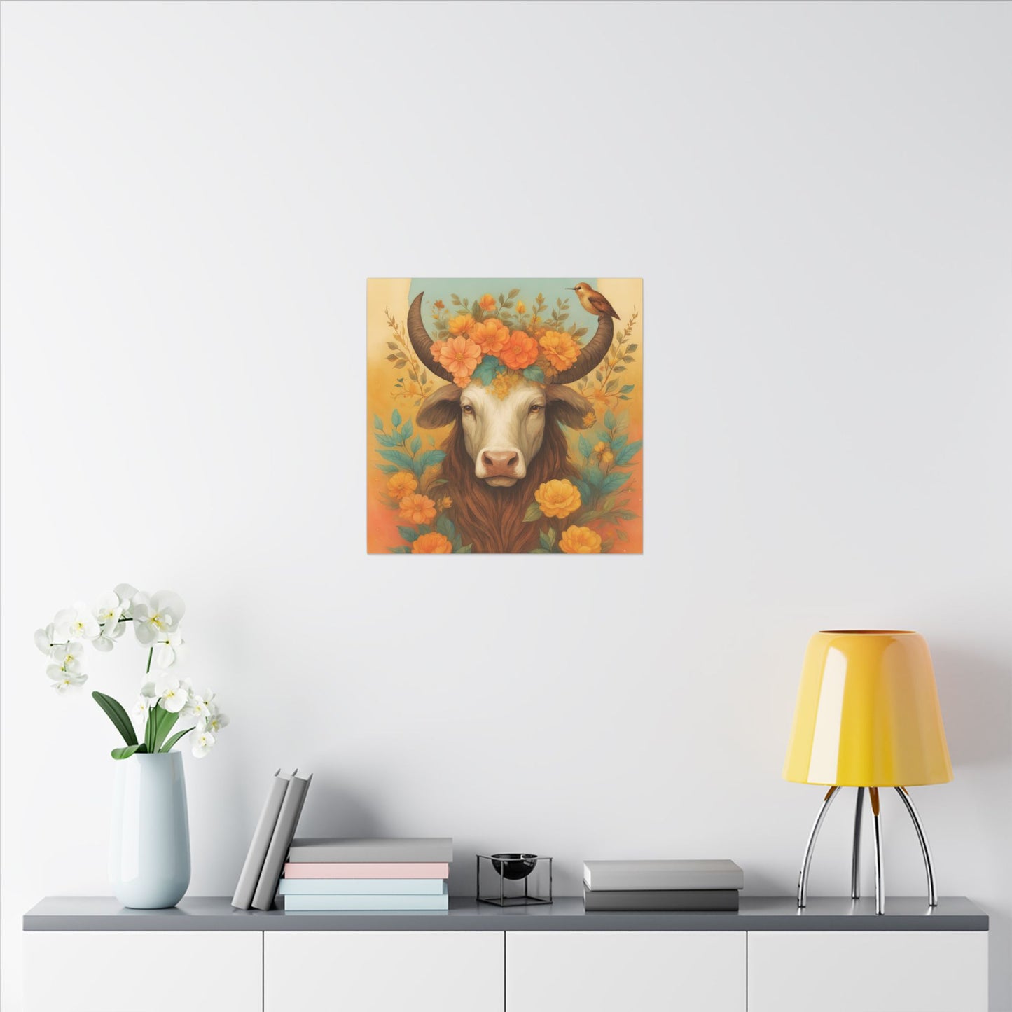 Bull with Bird – Floral Serenity Wall Art (Taurus Inspired), Square
