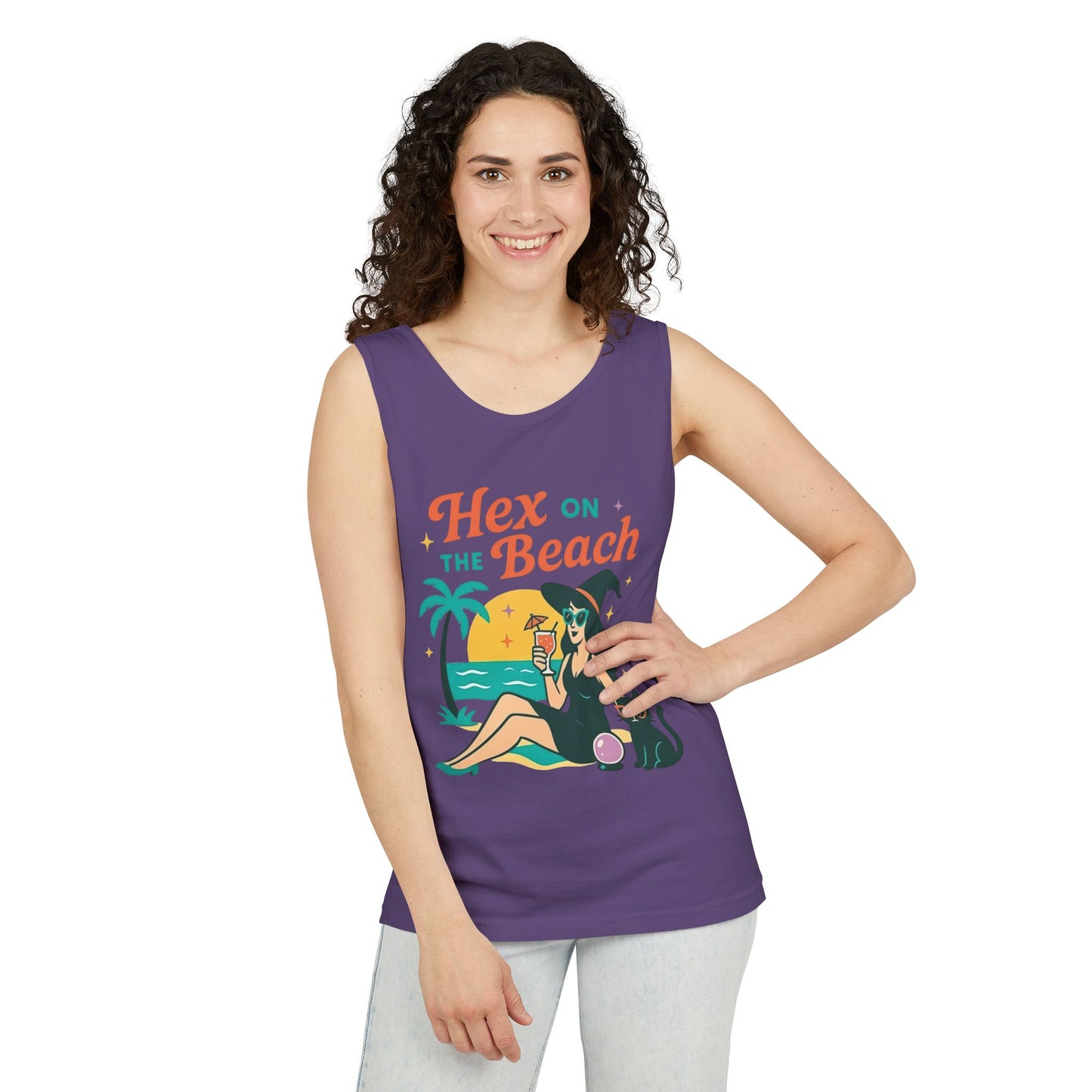 Hex on the Beach โ Sunset Witch Tank with Cat & Cocktail (Unisex)