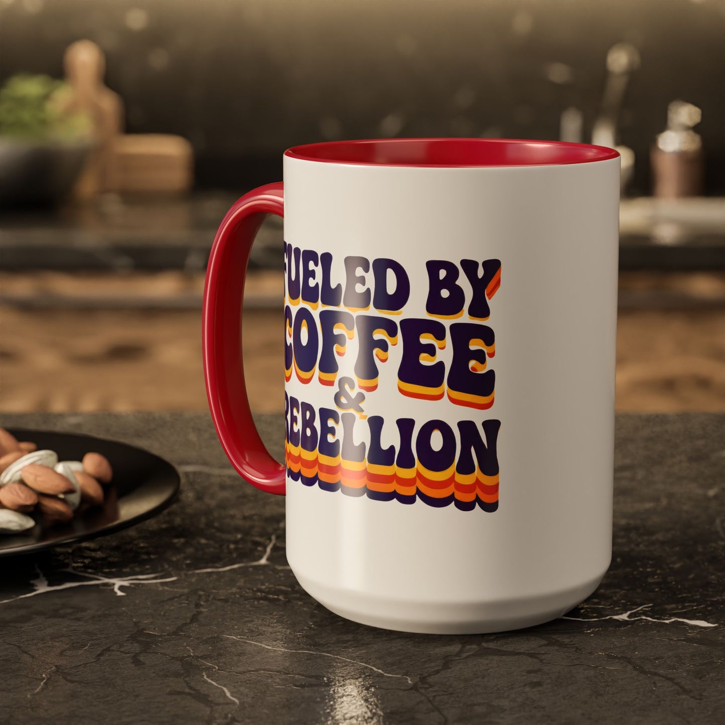 Fueled by Coffee & Rebellion – Funny Retro Mug (Color Accent, 11oz & 15oz)