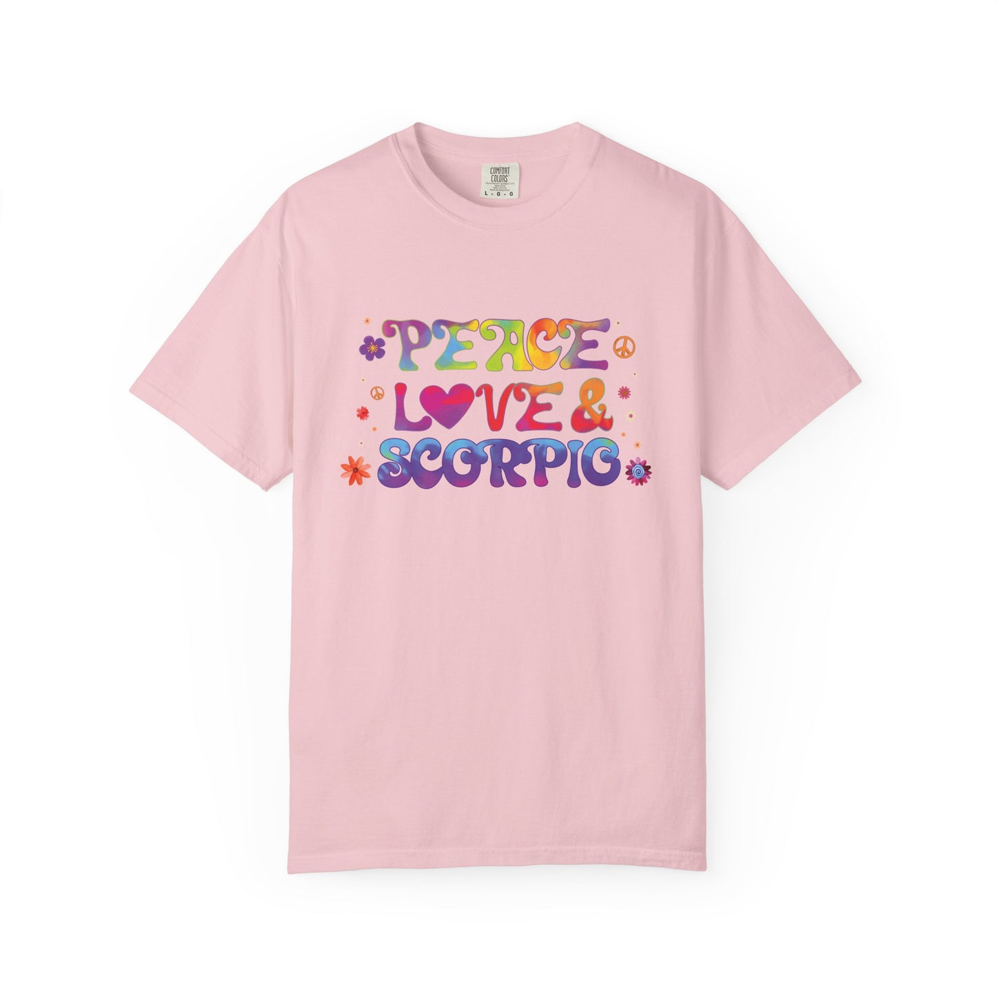 Peace Love & Scorpio Tee – Colorful Retro Zodiac Shirt