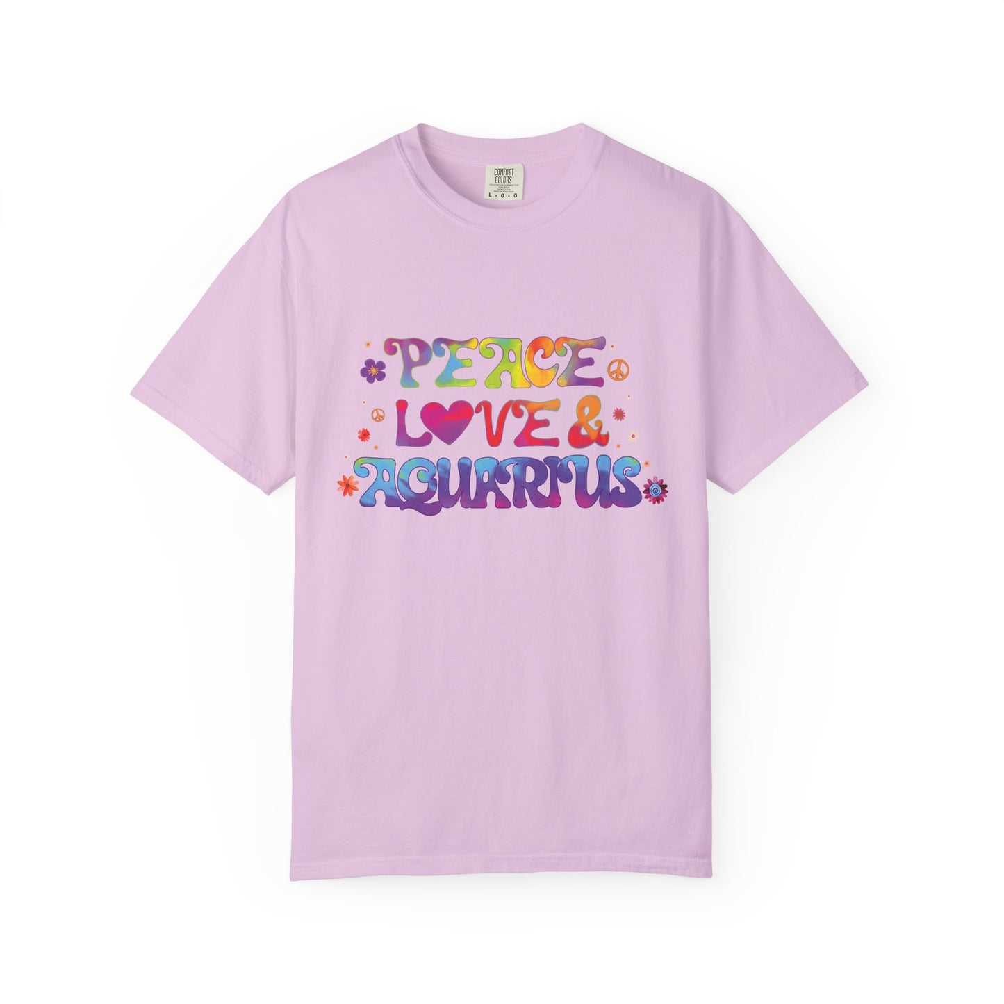 Peace Love & Aquarius Tee – Groovy Multicolor Zodiac Shirt