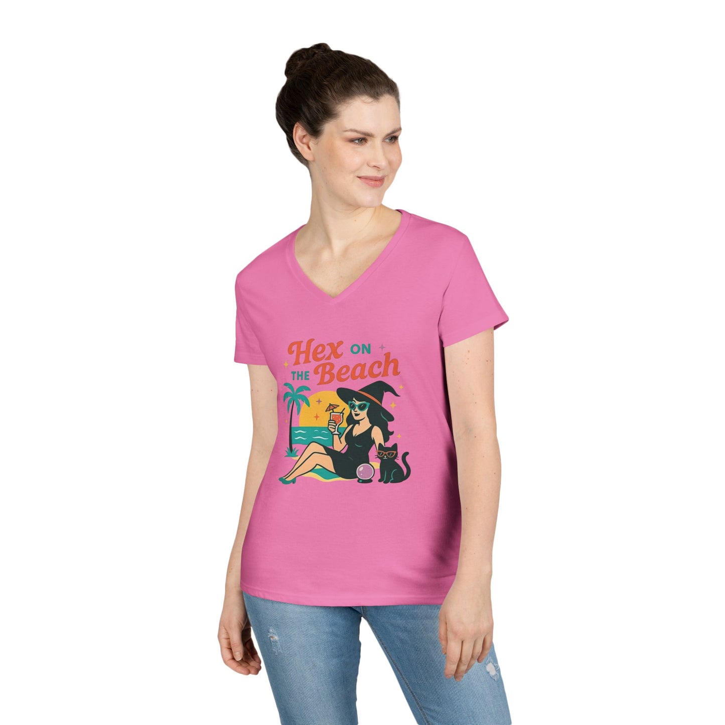Hex on the Beach Women’s V-Neck Tee – Funny Magical Tropical Witch Shirt
