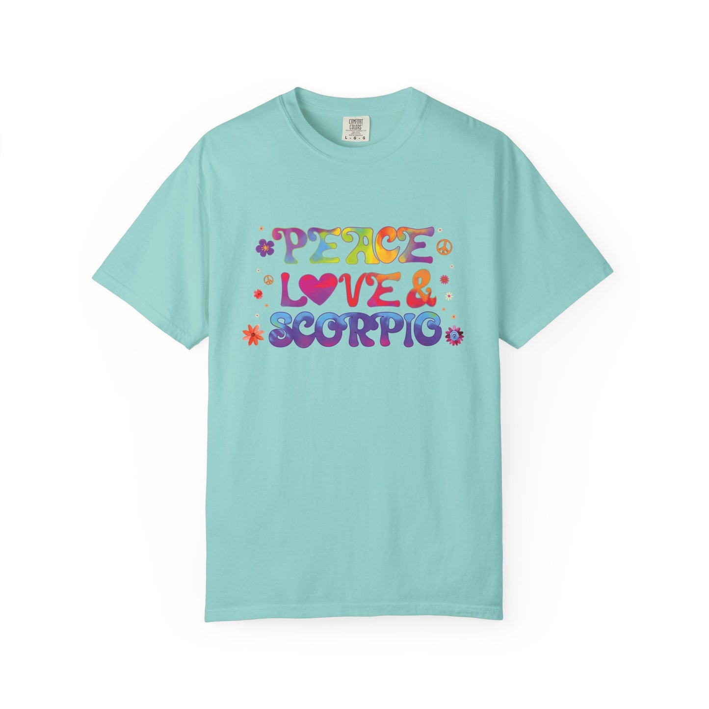 Peace Love & Scorpio Tee – Colorful Retro Zodiac Shirt