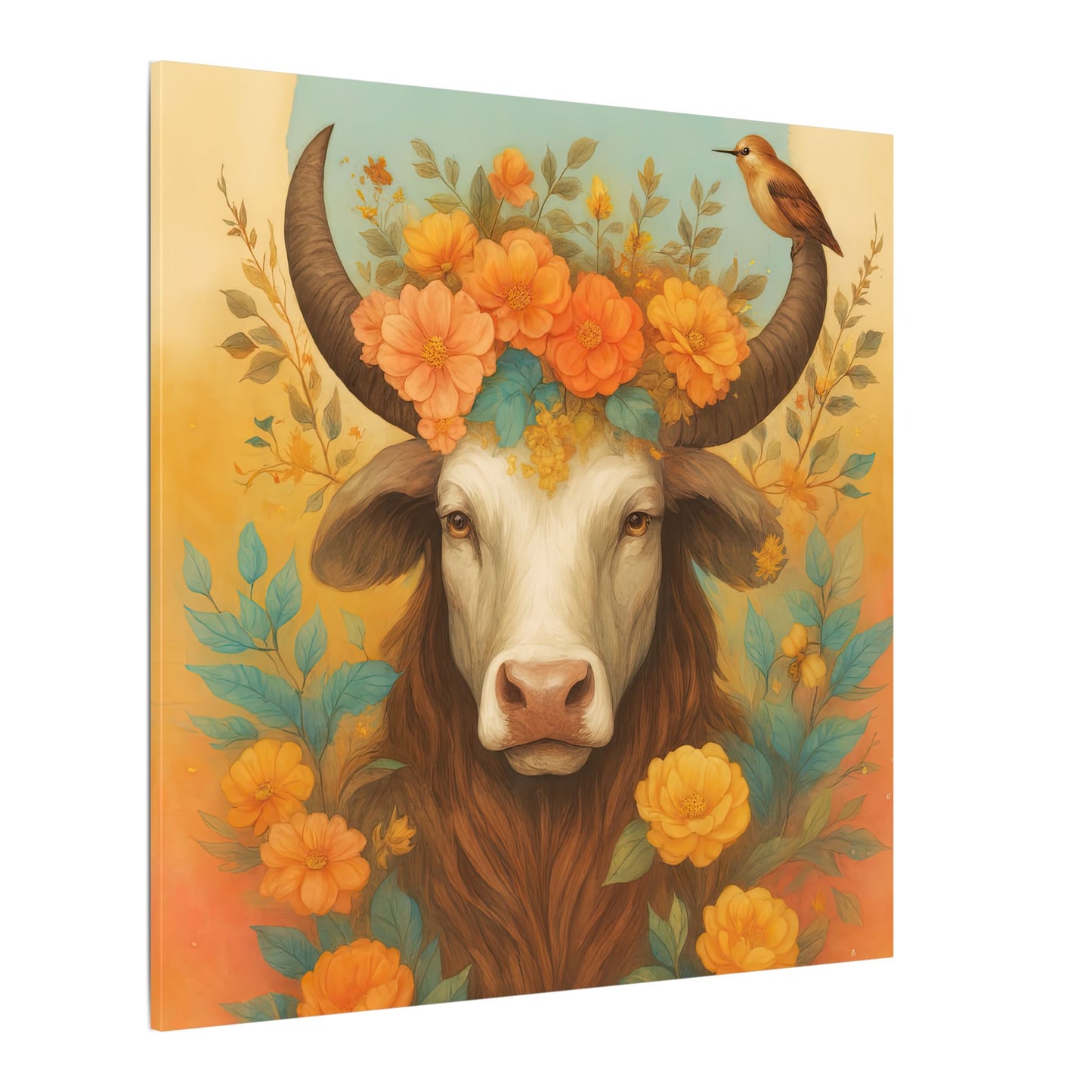 Bull with Bird – Floral Serenity Wall Art (Taurus Inspired), Square