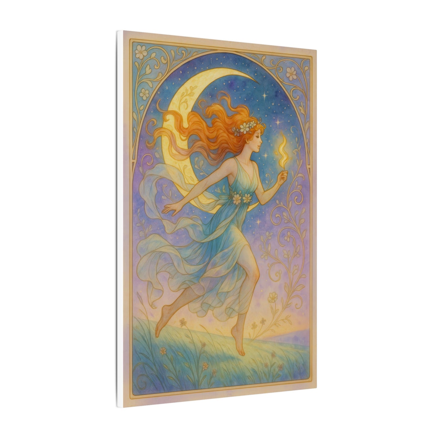 Flame Keeper Running Free – Moonlit Goddess Art Nouveau Canvas Wall Art