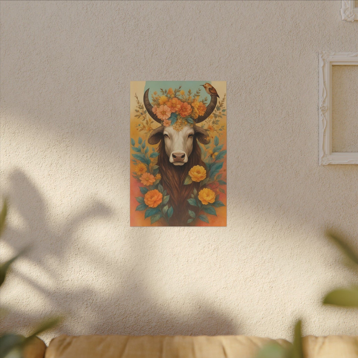 Bull with Bird – Floral Serenity Wall Art (Taurus Inspired)