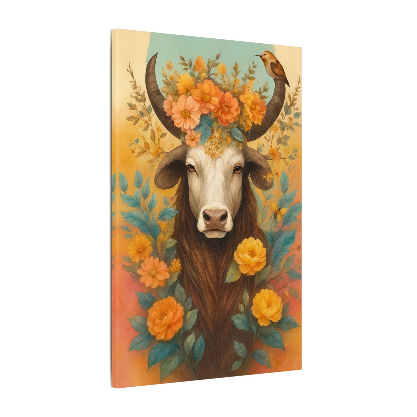 Bull with Bird – Floral Serenity Wall Art (Taurus Inspired)