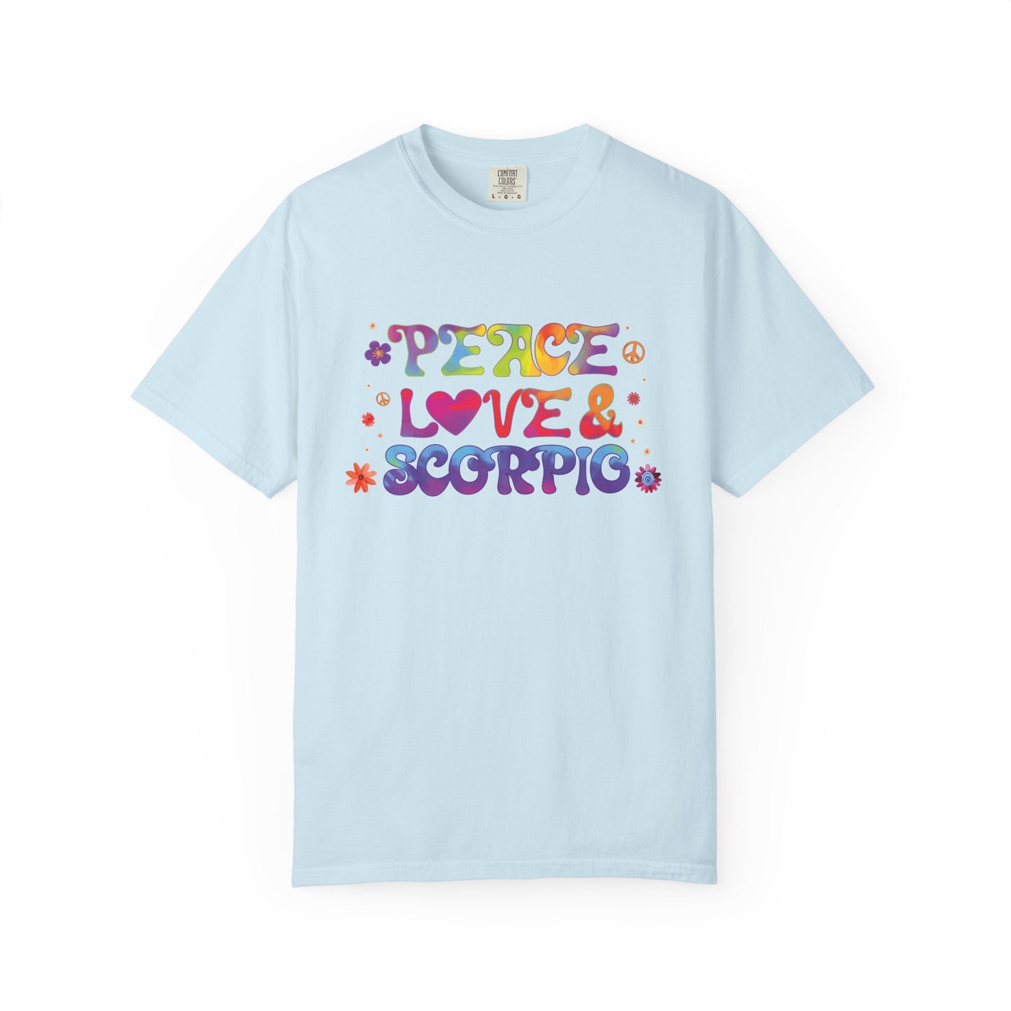 Peace Love & Scorpio Tee β Colorful Retro Zodiac Shirt