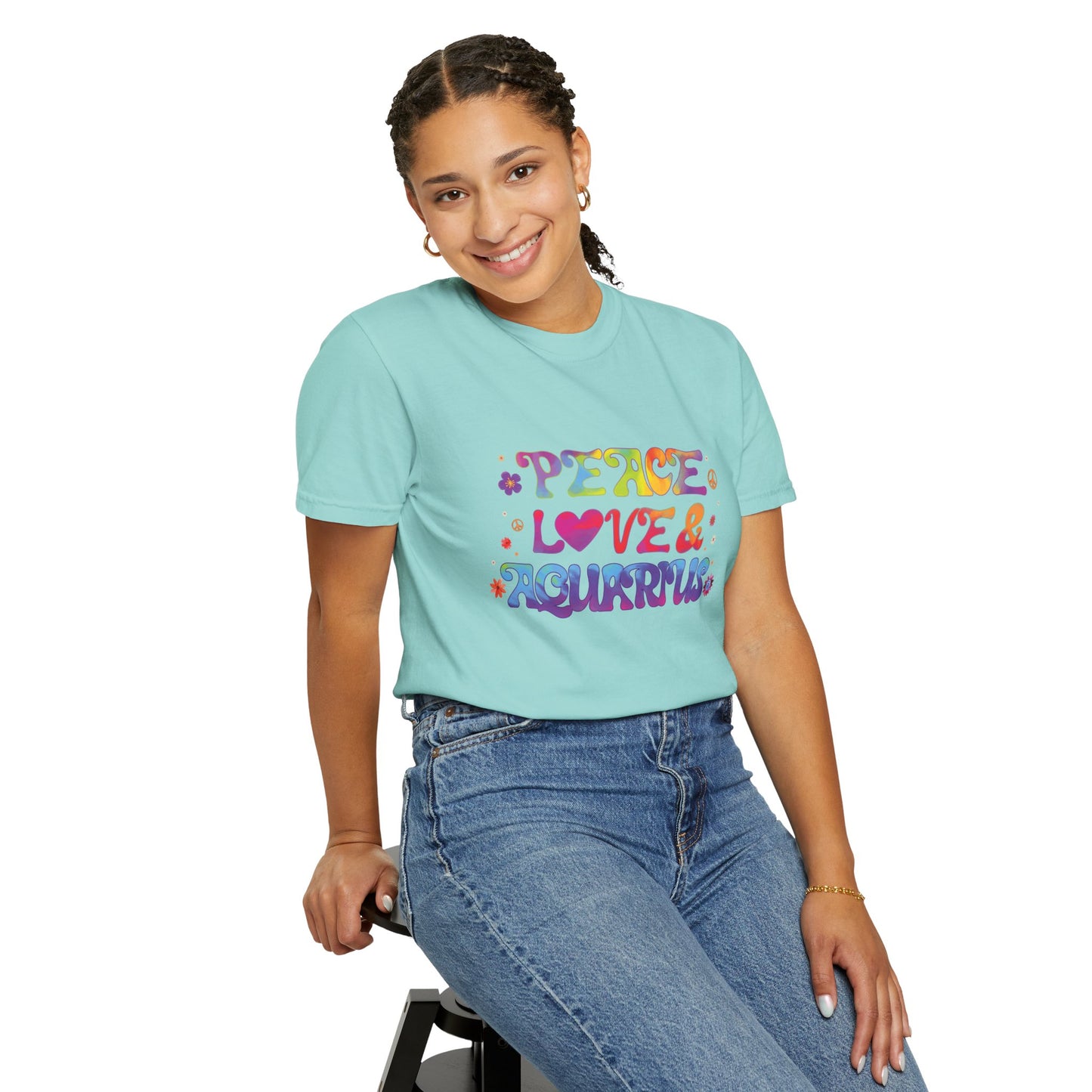 Peace Love & Aquarius Tee – Groovy Multicolor Zodiac Shirt