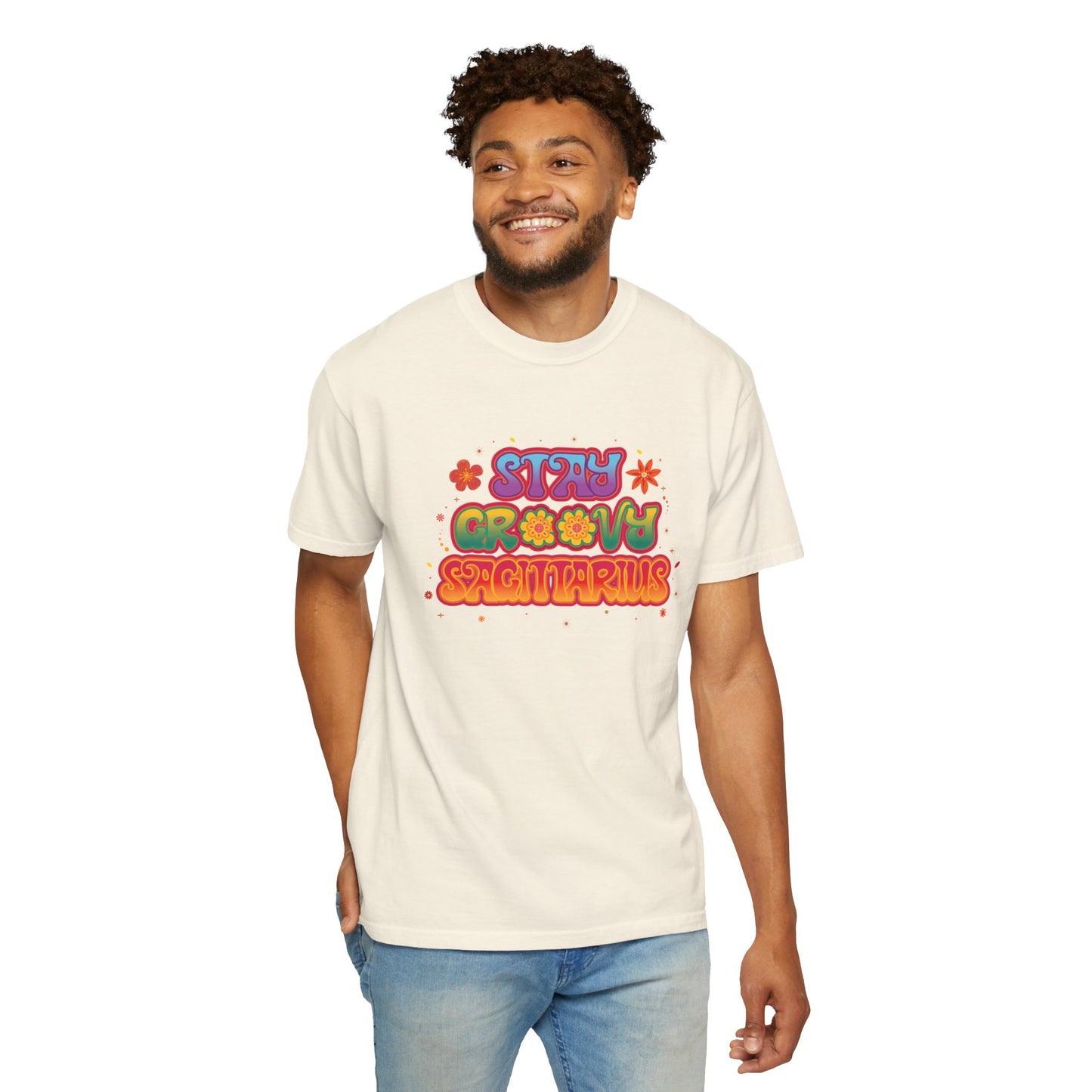 Stay Groovy Sagittarius – Retro Zodiac Flower Power Tee