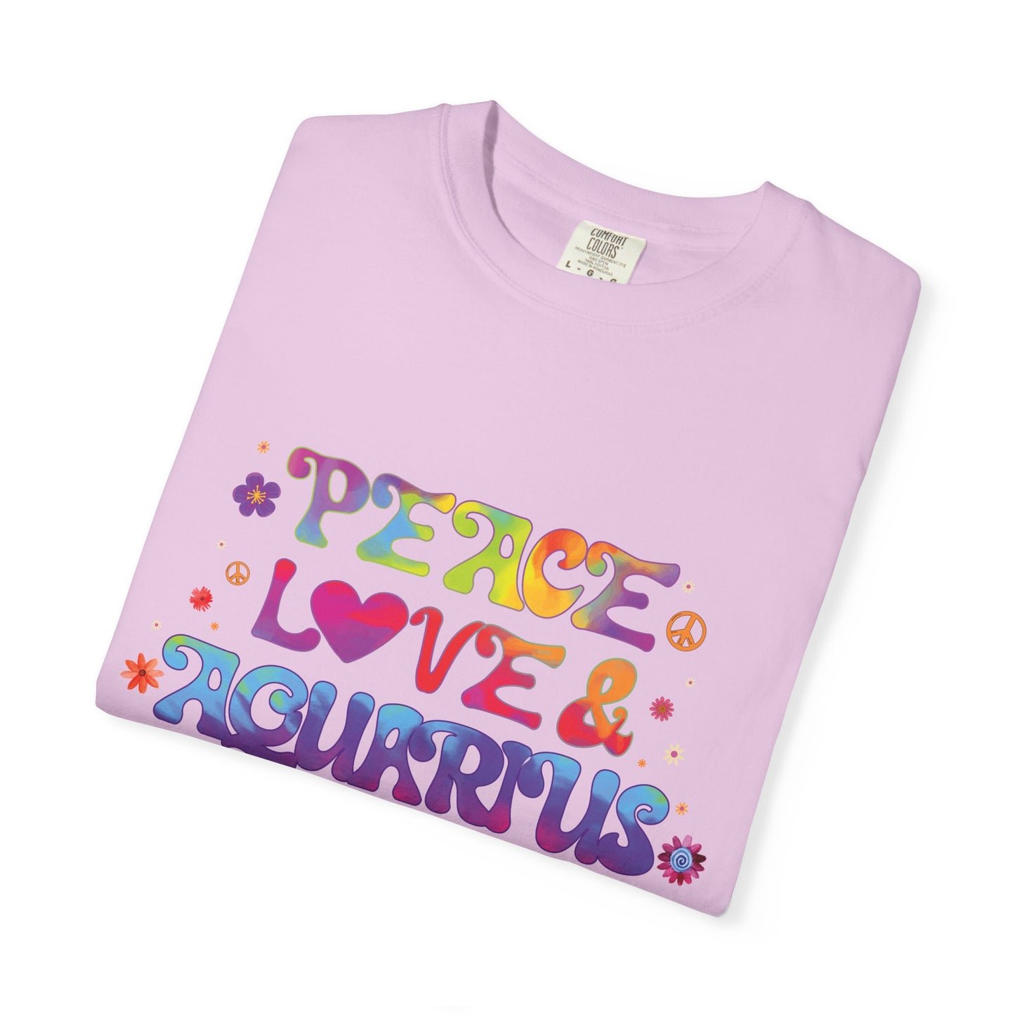 Peace Love & Aquarius Tee – Groovy Multicolor Zodiac Shirt