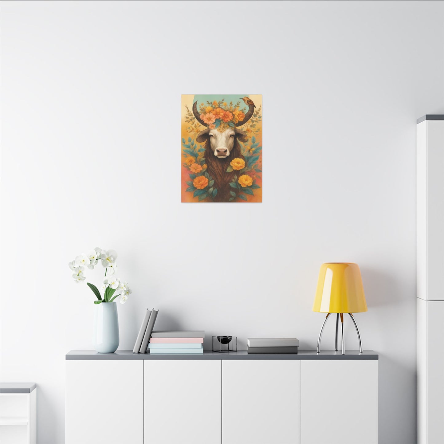 Bull with Bird – Floral Serenity Wall Art (Taurus Inspired)