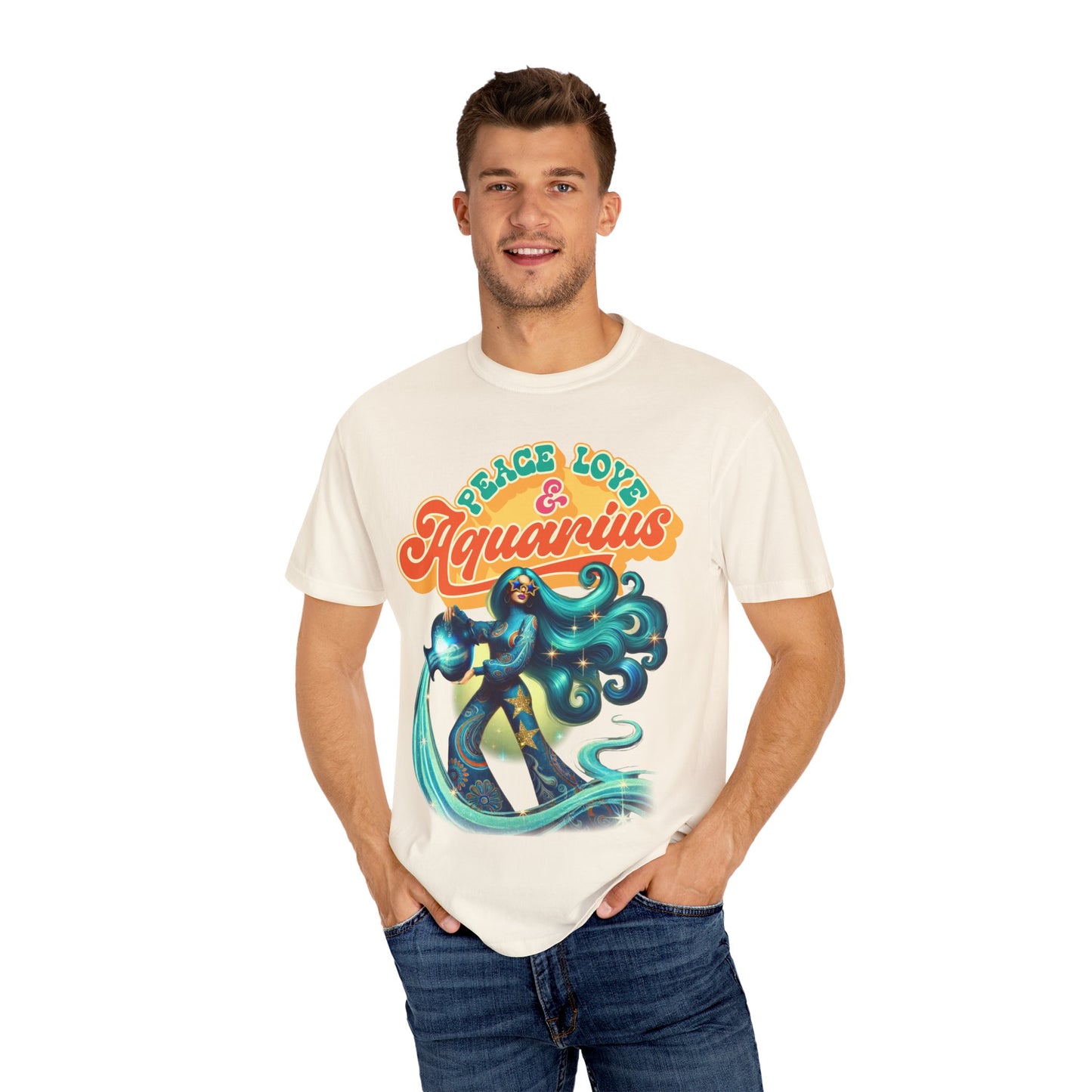Peace Love & Aquarius – Retro Zodiac Water Bearer Tee