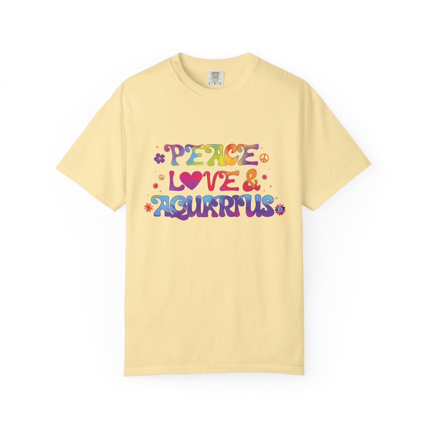 Peace Love & Aquarius Tee – Groovy Multicolor Zodiac Shirt