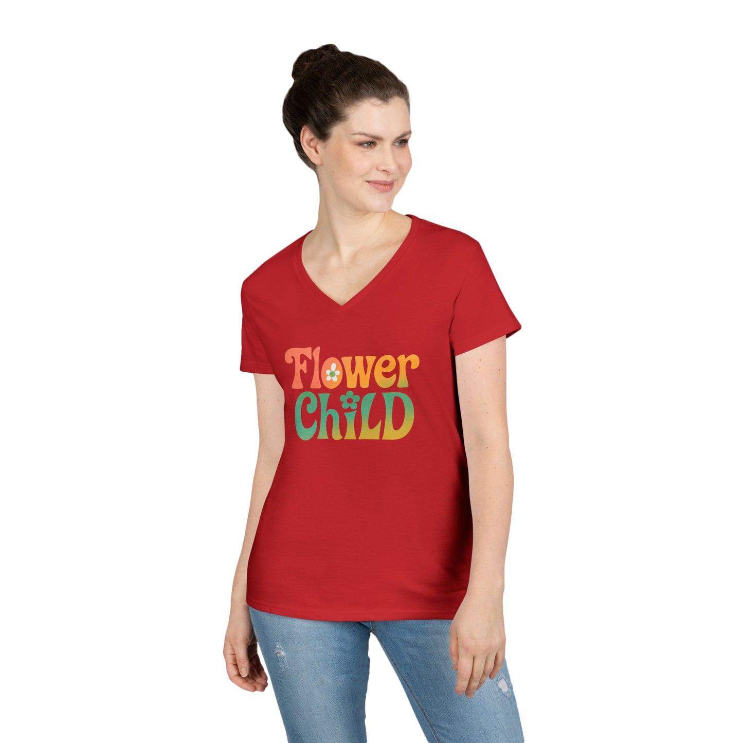 Flower Child Women’s V-Neck Tee – Empowering Retro Floral Colorful Shirt