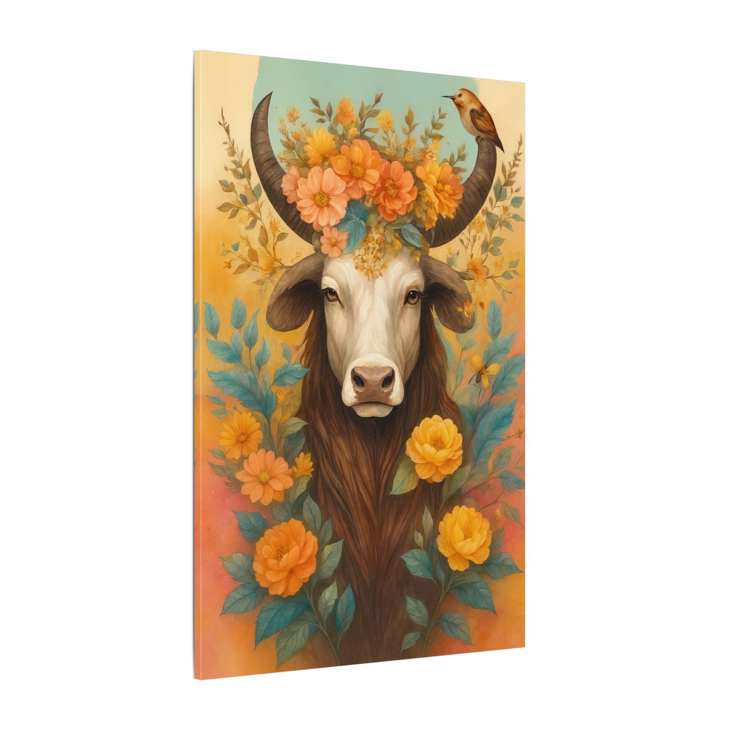 Bull with Bird – Floral Serenity Wall Art (Taurus Inspired)